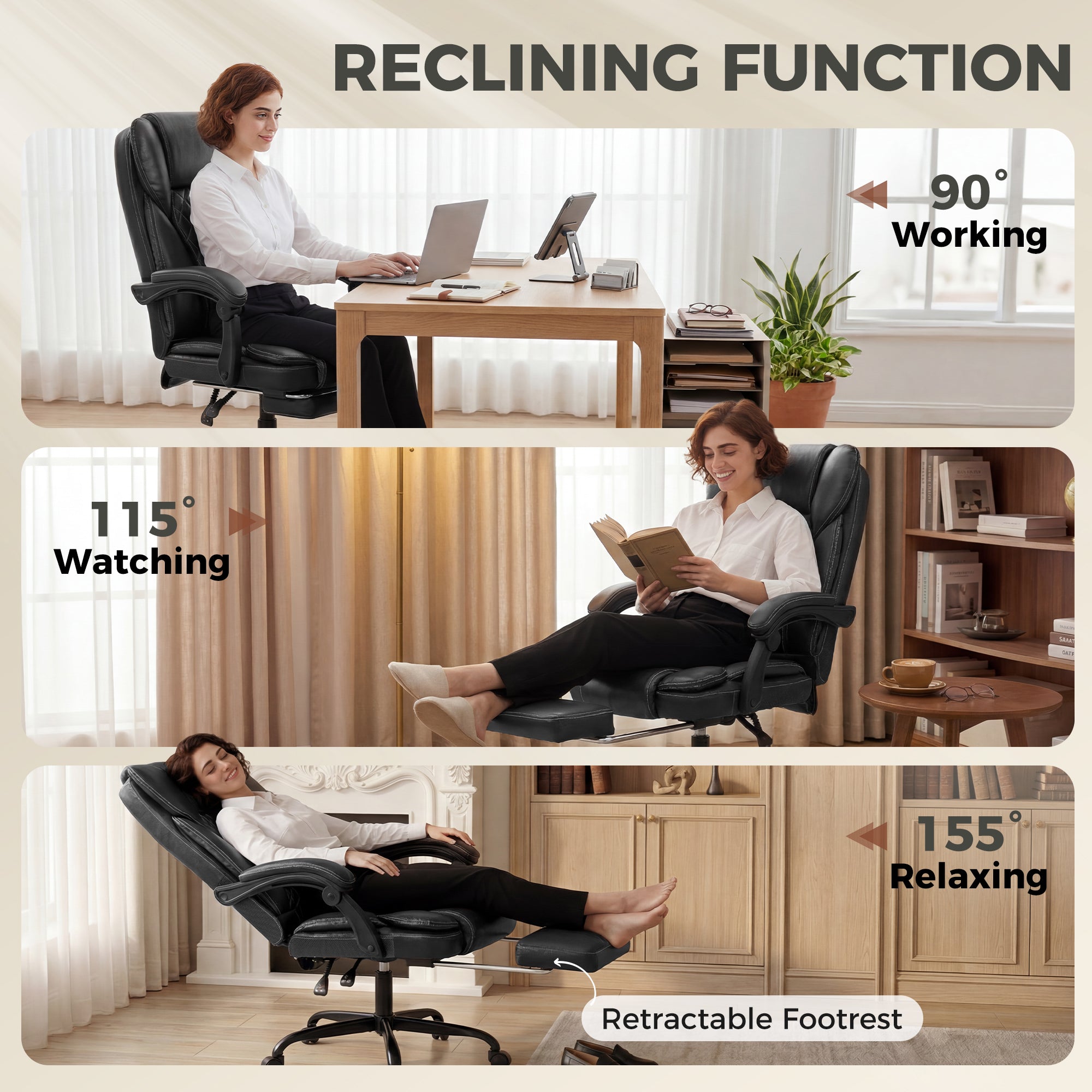HOMCOM Executive Home Office Chair Reclining Function Footrest Computer Desk Chair High Back, Black