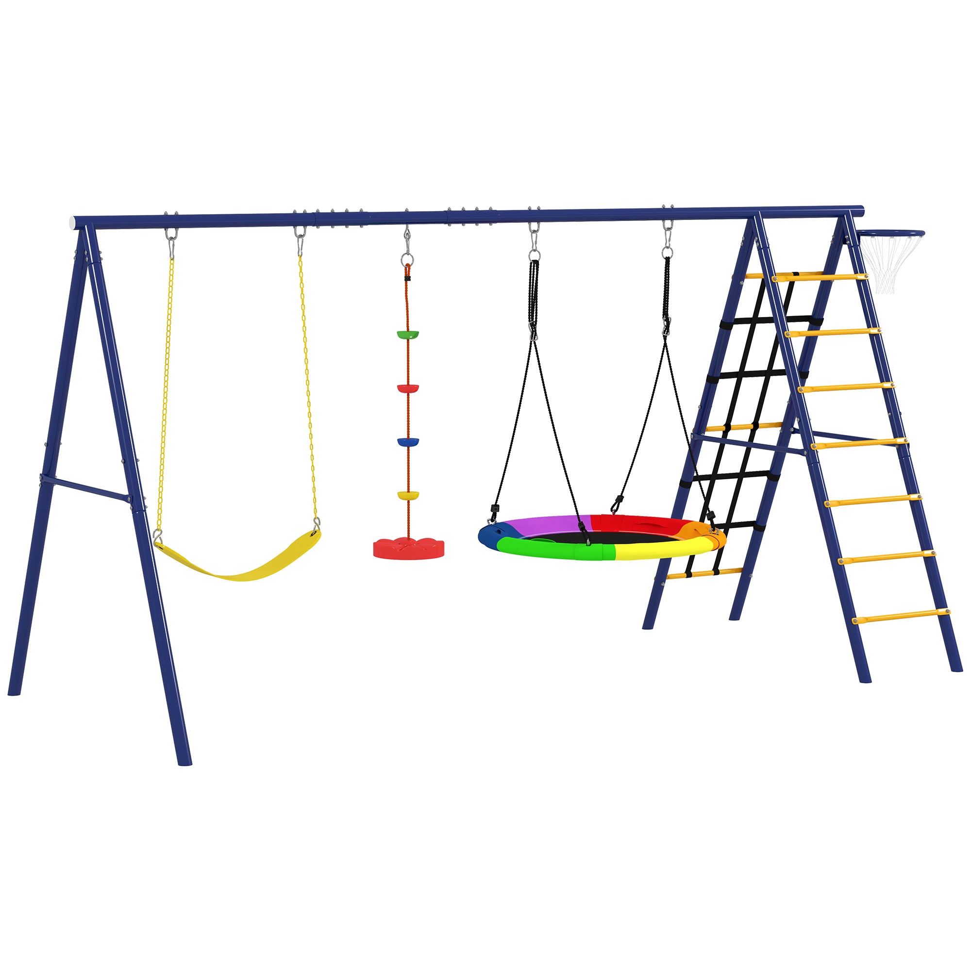 AIYAPLAY 6 in 1 Metal Kids Swing Set with 3 Swings, Climbing Ladder & Net, Basketball Hoop, for Ages 3-8 - North Peak Garden Furniture