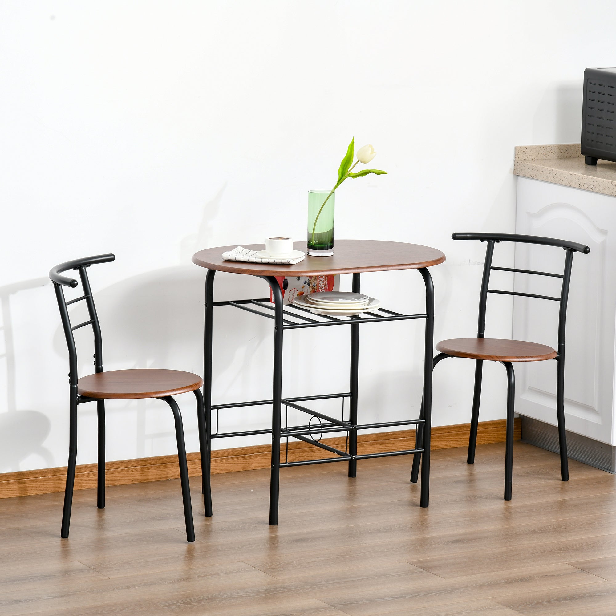 HOMCOM 3-Piece Dining Table Set , Metal Frame Wood Top Breakfast Bar Table Set for 2, Dining Table w/Storage Shelf & 2 chairs - North Peak Garden Furniture