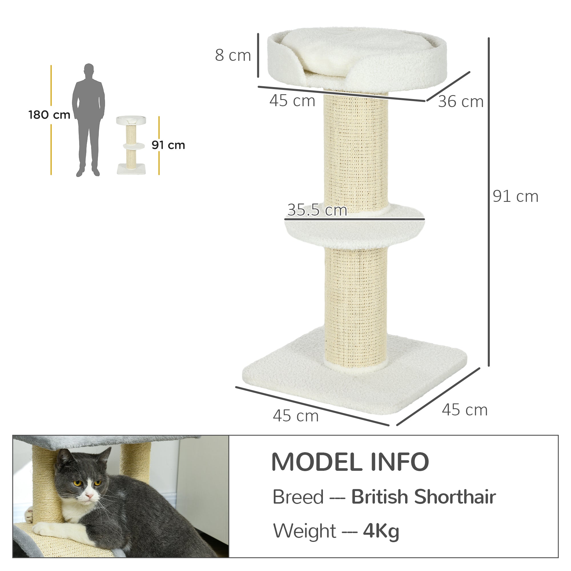 PawHut 2 Tier Sisal Sherpa Cat Tree with Basket Cushion Sisal Post Cream White - North Peak Garden Furniture