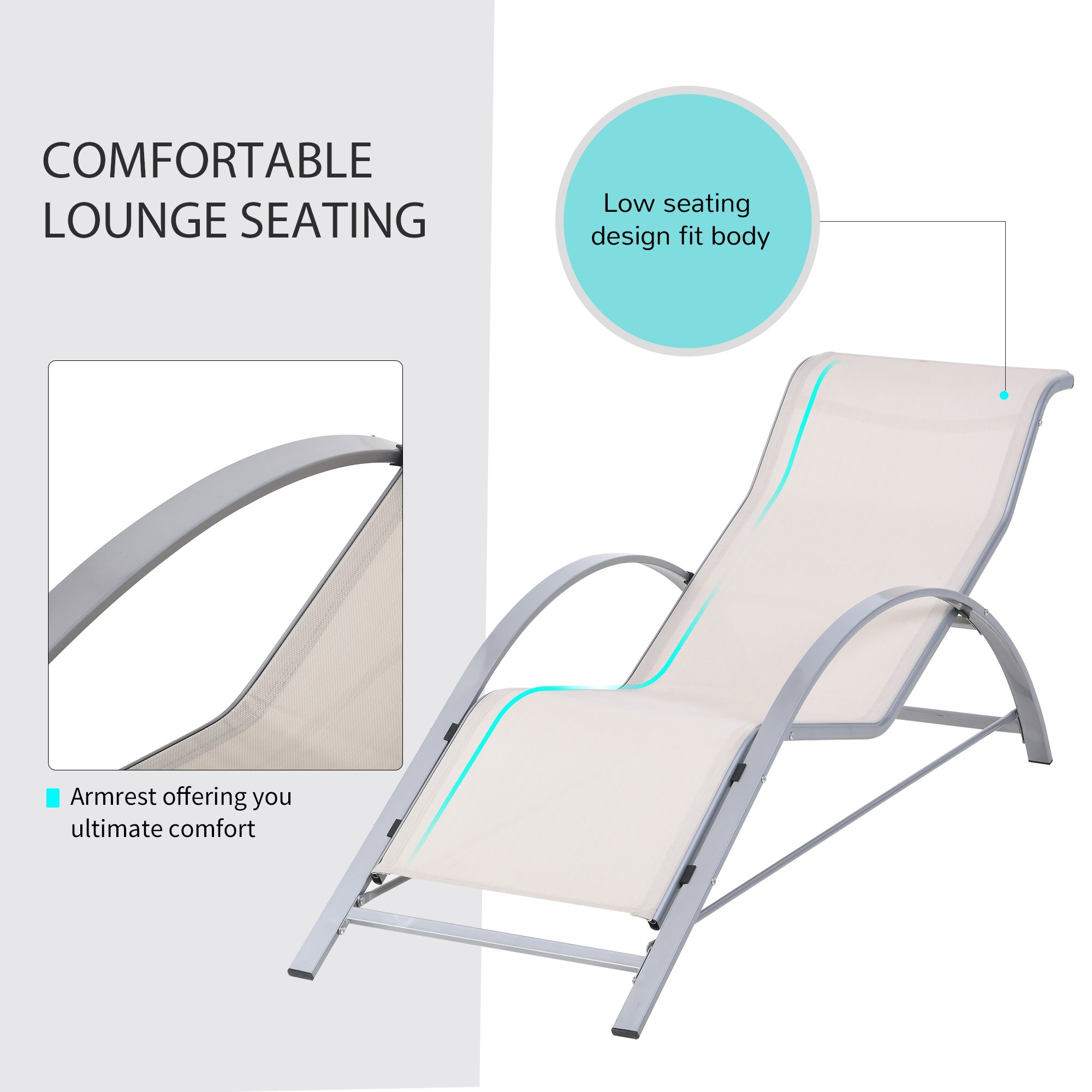 Outsunny 3 Pieces Lounge Chair Set Metal Frame Garden Outdoor Recliner Sunbathing Chair with Table, Cream - North Peak Garden Furniture