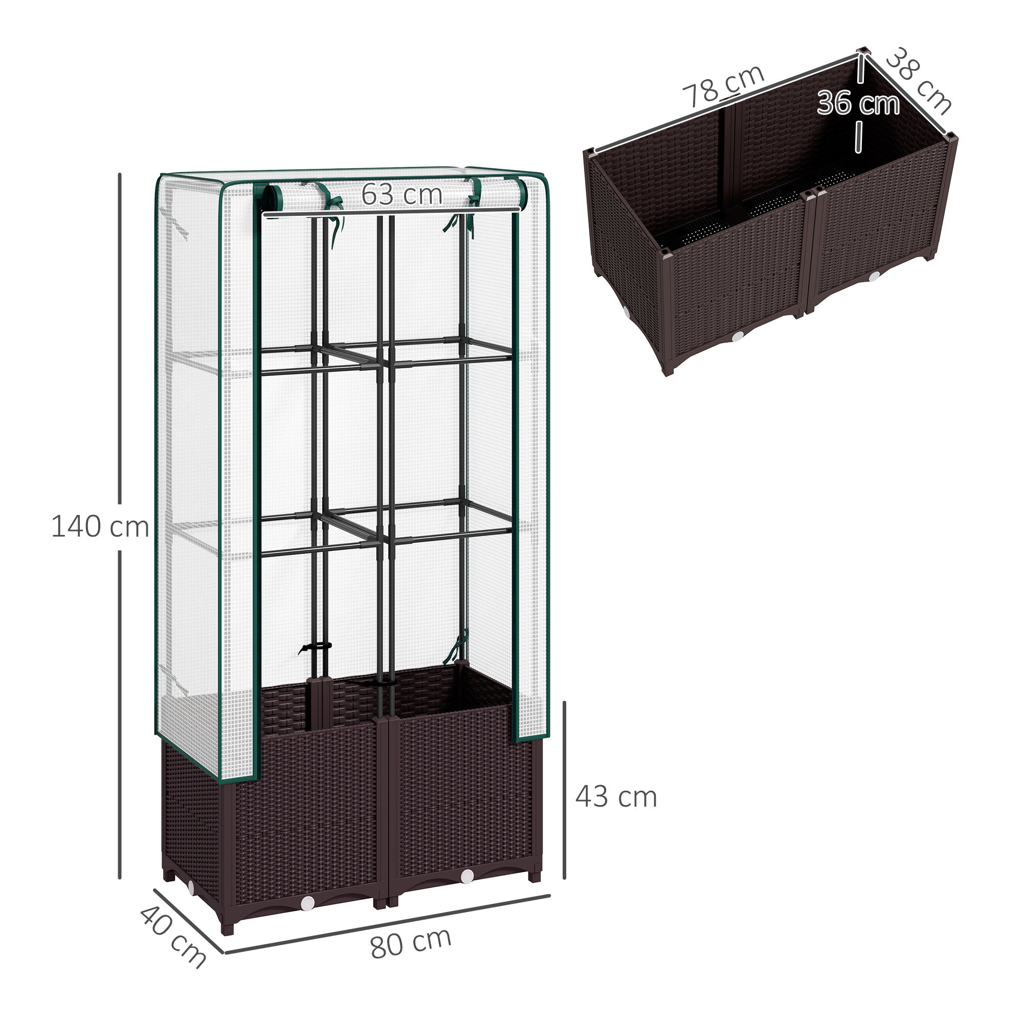Outsunny Raised Garden Bed with Trellis, Plastic Planter Box with PE Cover, Drainage Holes and Drain Plugs for Climbing Plants, Vegetables, Flowers, 80 x 40 x 140 cm - North Peak Garden Furniture