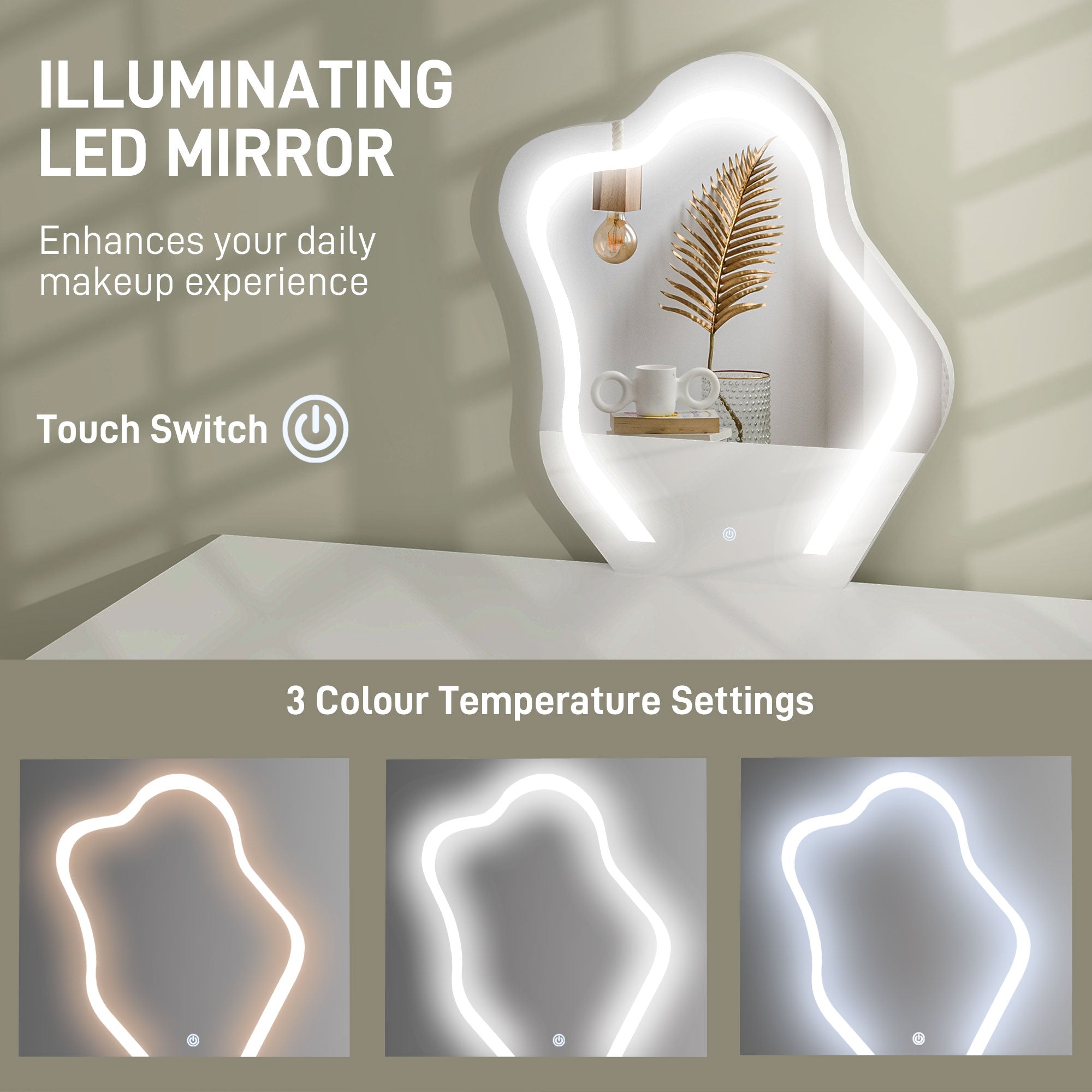HOMCOM LED Lighted Dressing Table with Leaf Shape Mirror, Modern Vanity Desk with 5 Drawers, Makeup Desk with Fluted Panels, White - North Peak Garden Furniture