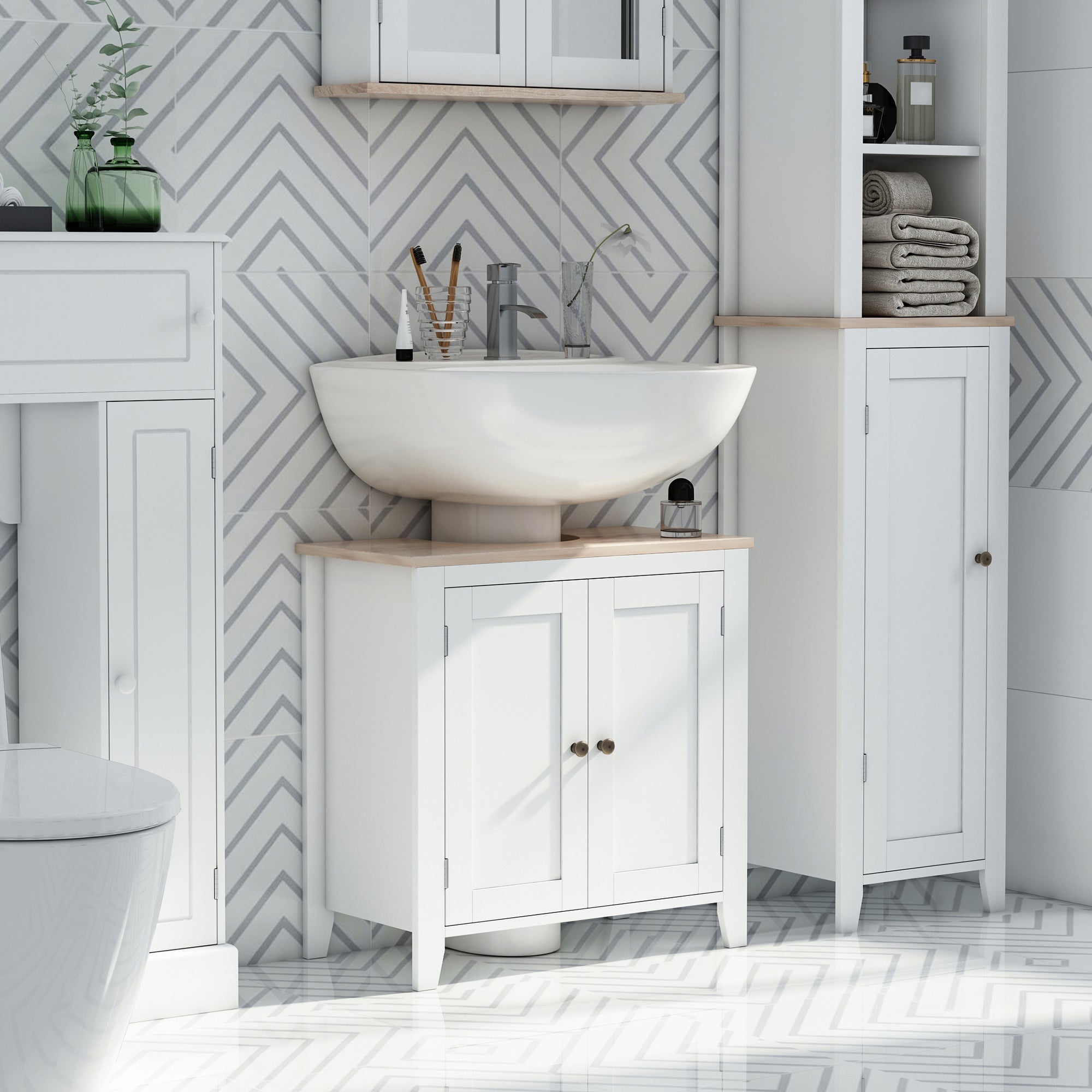 kleankin Bathroom Sink Cabinet, Bathroom Floor Storage Cabinet with 2 Doors Pedestal Under Sink Design, Space Saver Organizer Freestanding with Internal Adjustable Shelf, White - North Peak Garden Furniture