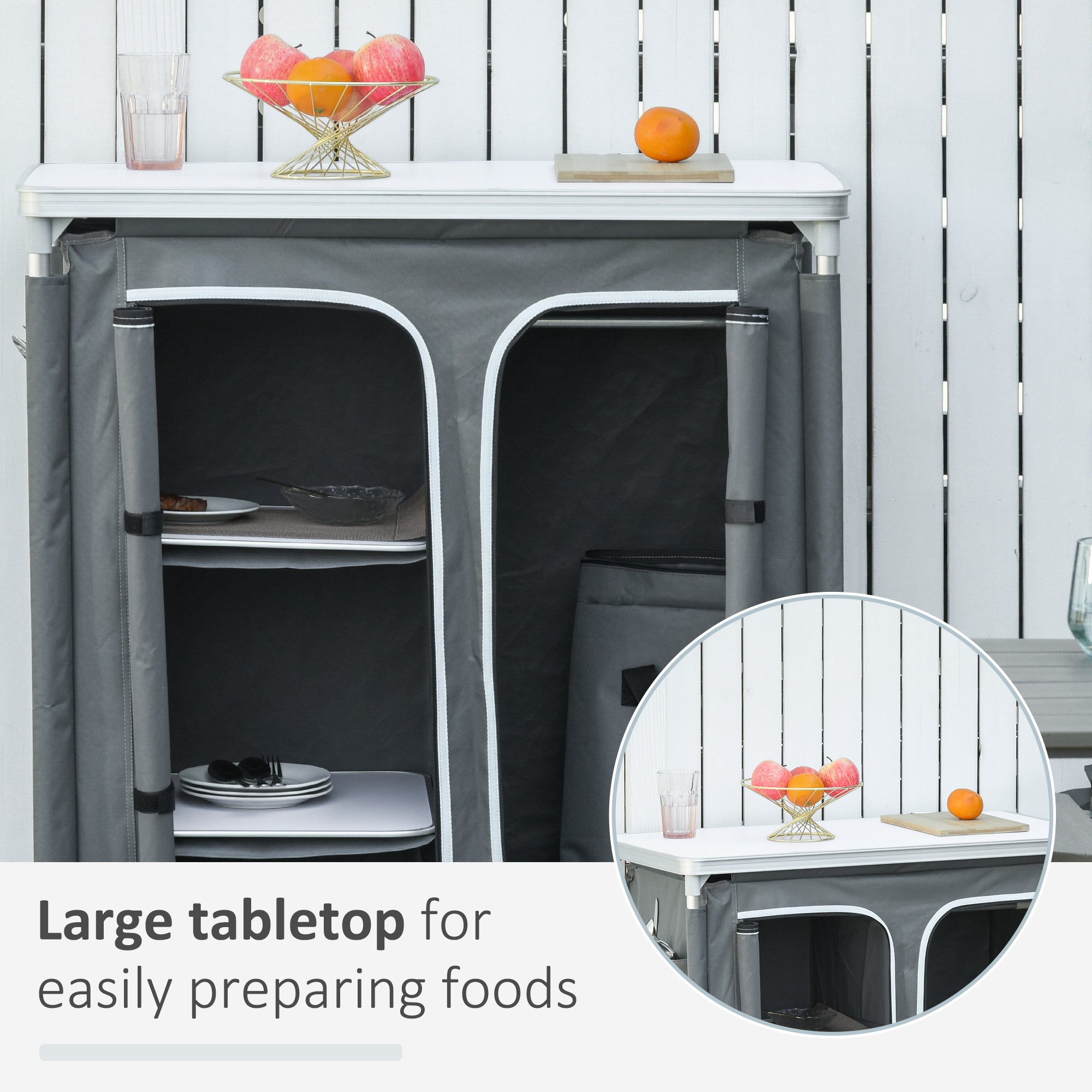 Outsunny Aluminum Camping Cupboard, Camping Kitchen Station Cook Table with 3-Shelf, Storage Organiser for BBQ Party Picnic - North Peak Garden Furniture
