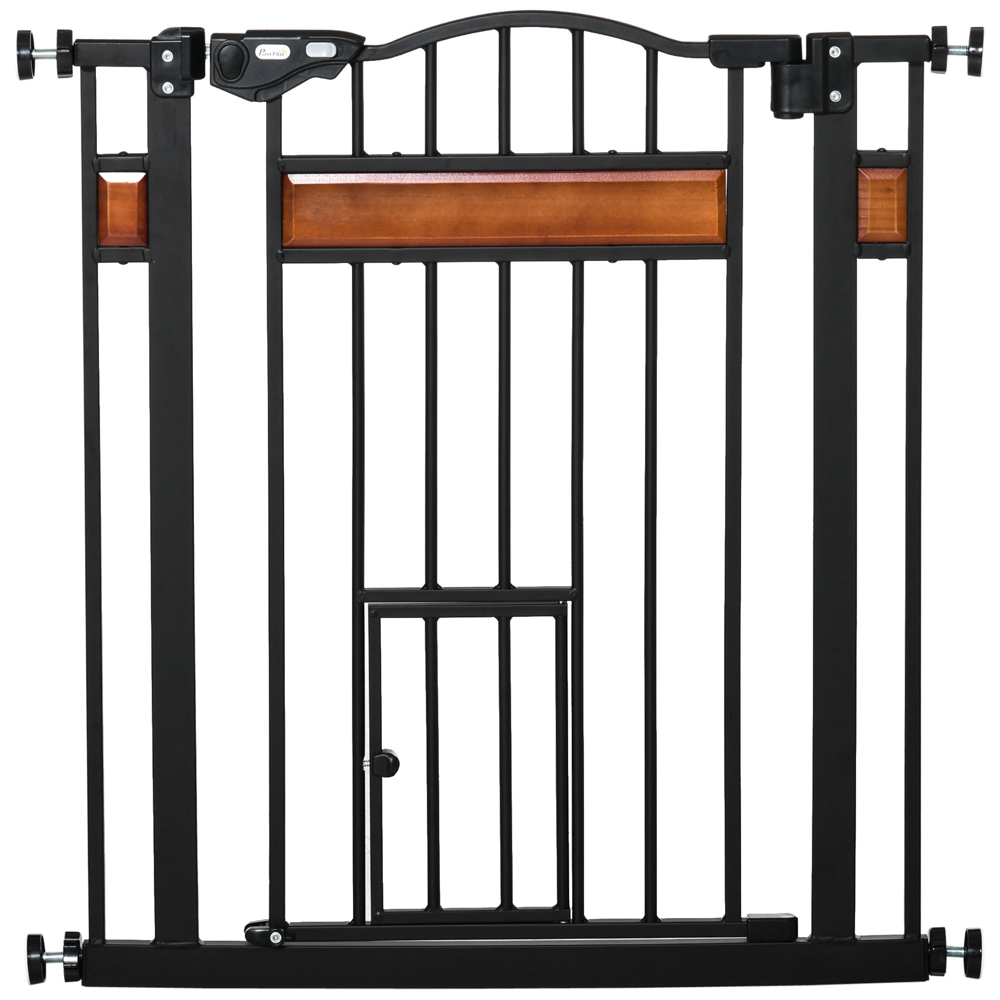 PawHut Pet Gate Safety Gate, with Cat Flap, Auto Close, for Staircases, Doorways, Hallways, 74-80cm Wide - Black - North Peak Garden Furniture