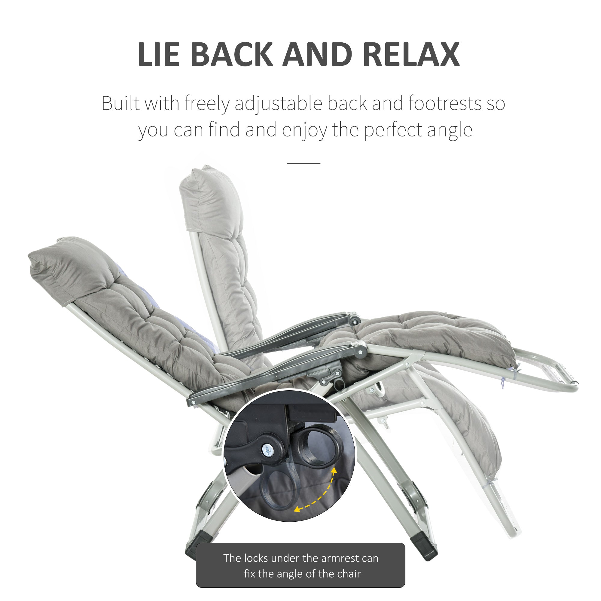 Outsunny 2 Piece Reclining Zero Gravity Chair Metal Frame Folding Garden Sun Lounger with Cushion Headrest, Dark Grey - North Peak Garden Furniture