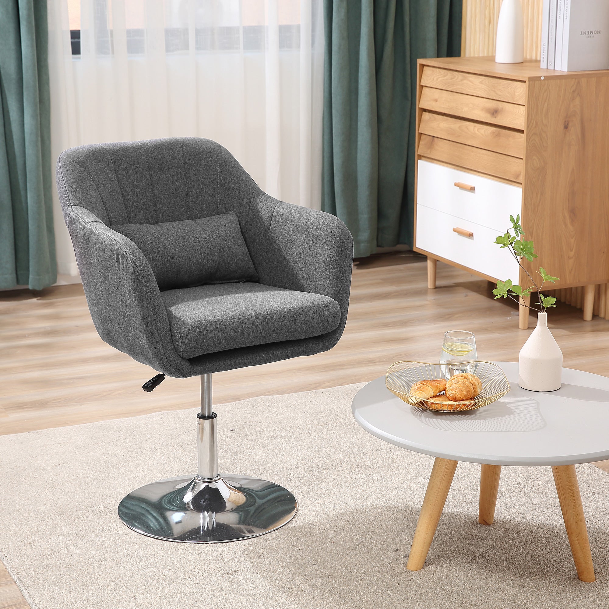 HOMCOM Swivel Linen Fabric Accent Chair for Living Room Contemporary Vanity Armchair with Adjustable Height Thick Cushion Lumbar Support Armrest for Bedroom Office Dark Grey - North Peak Garden Furniture