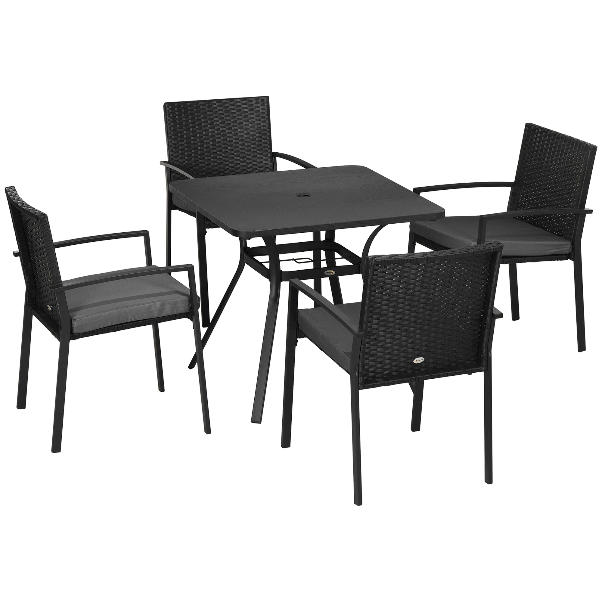 Outsunny Five-Piece Garden Dining Set, with Rattan Seat Chairs and Cushions - Black - North Peak Garden Furniture