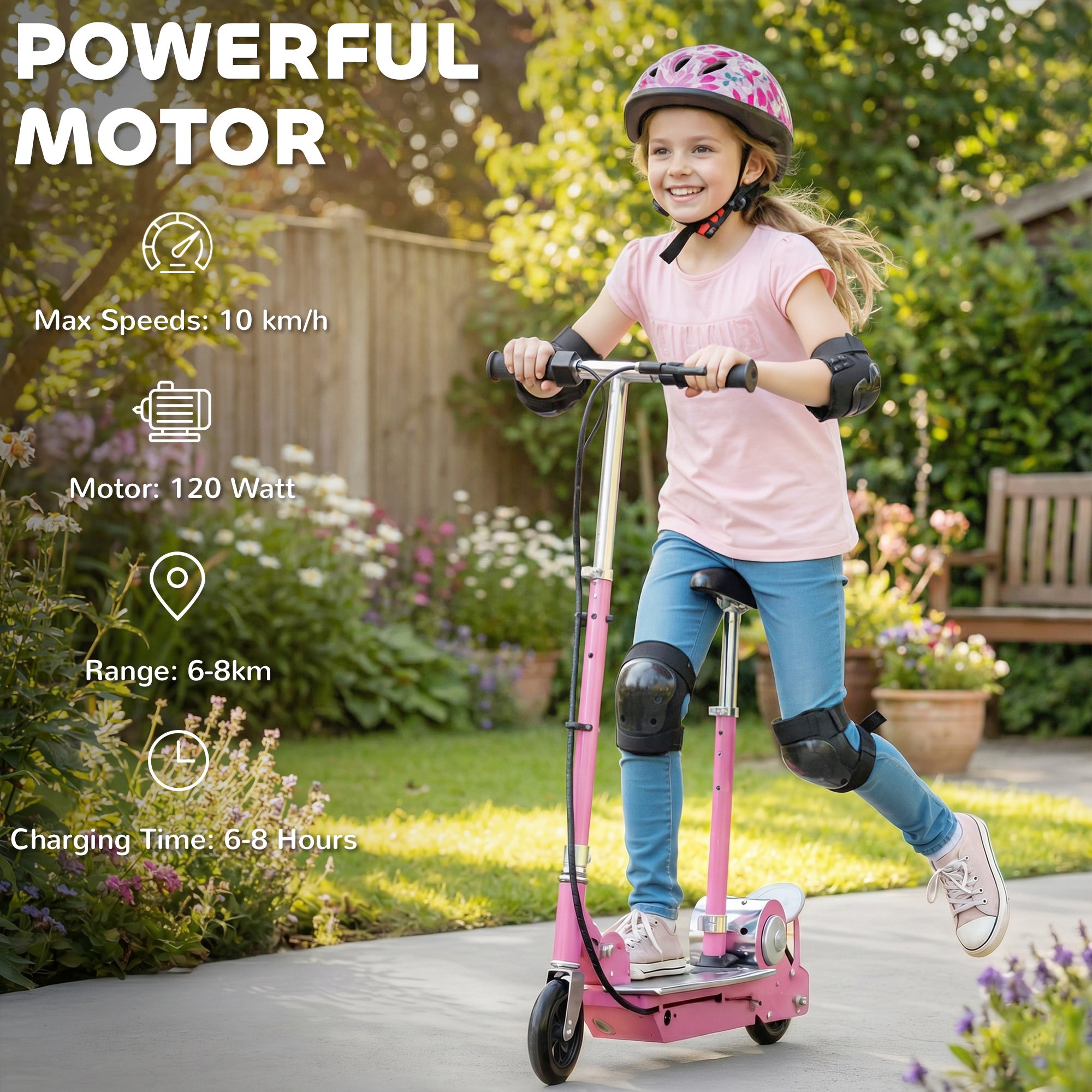 HOMCOM 120W Foldable Powered Scooters with 24V Rechargeable Battery, Adjustable Ride on Toy (Pink)