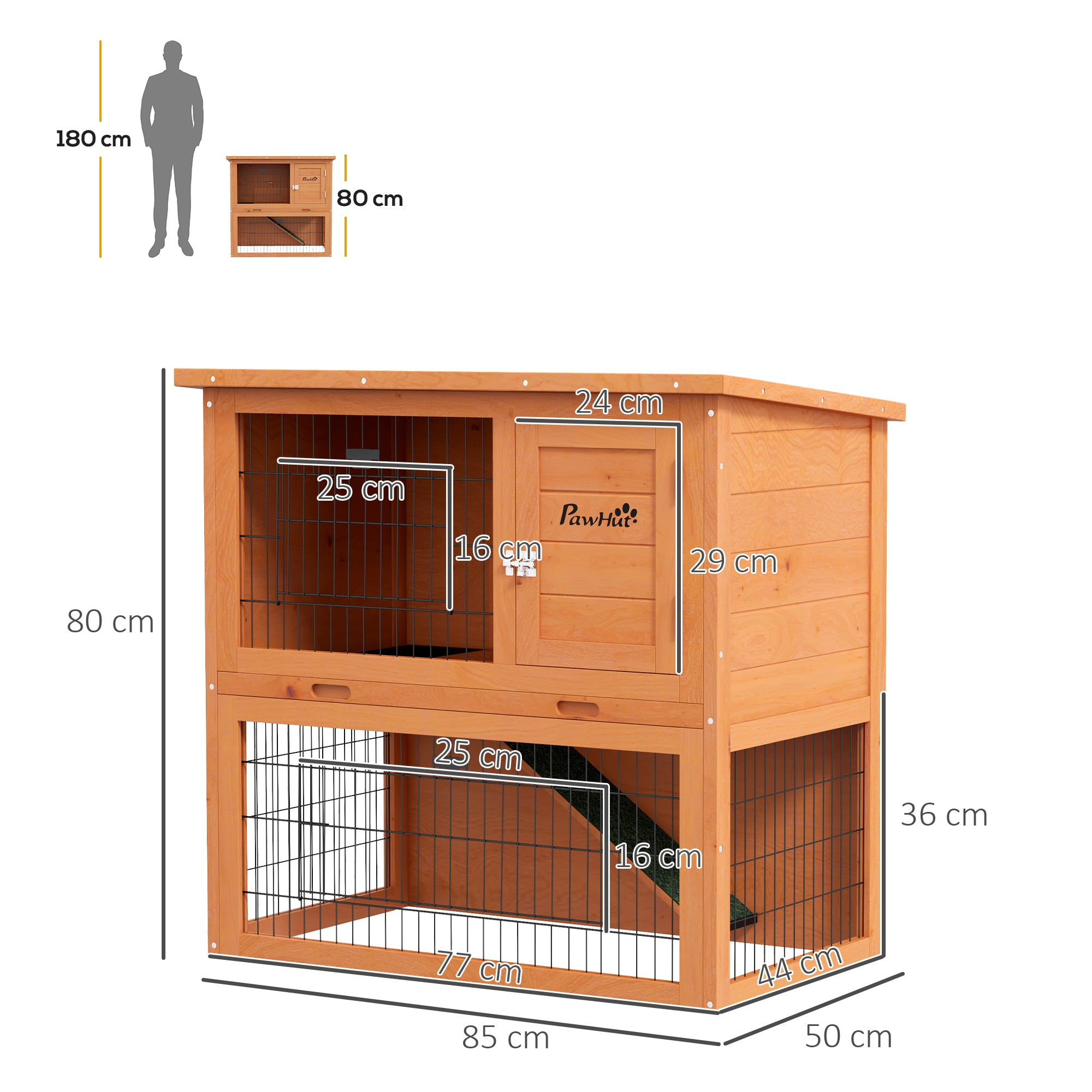 PawHut Two-Tier Antiseptic Wood Rabbit Hutch, 80cm Guinea Pig Hutch with Run - Orange