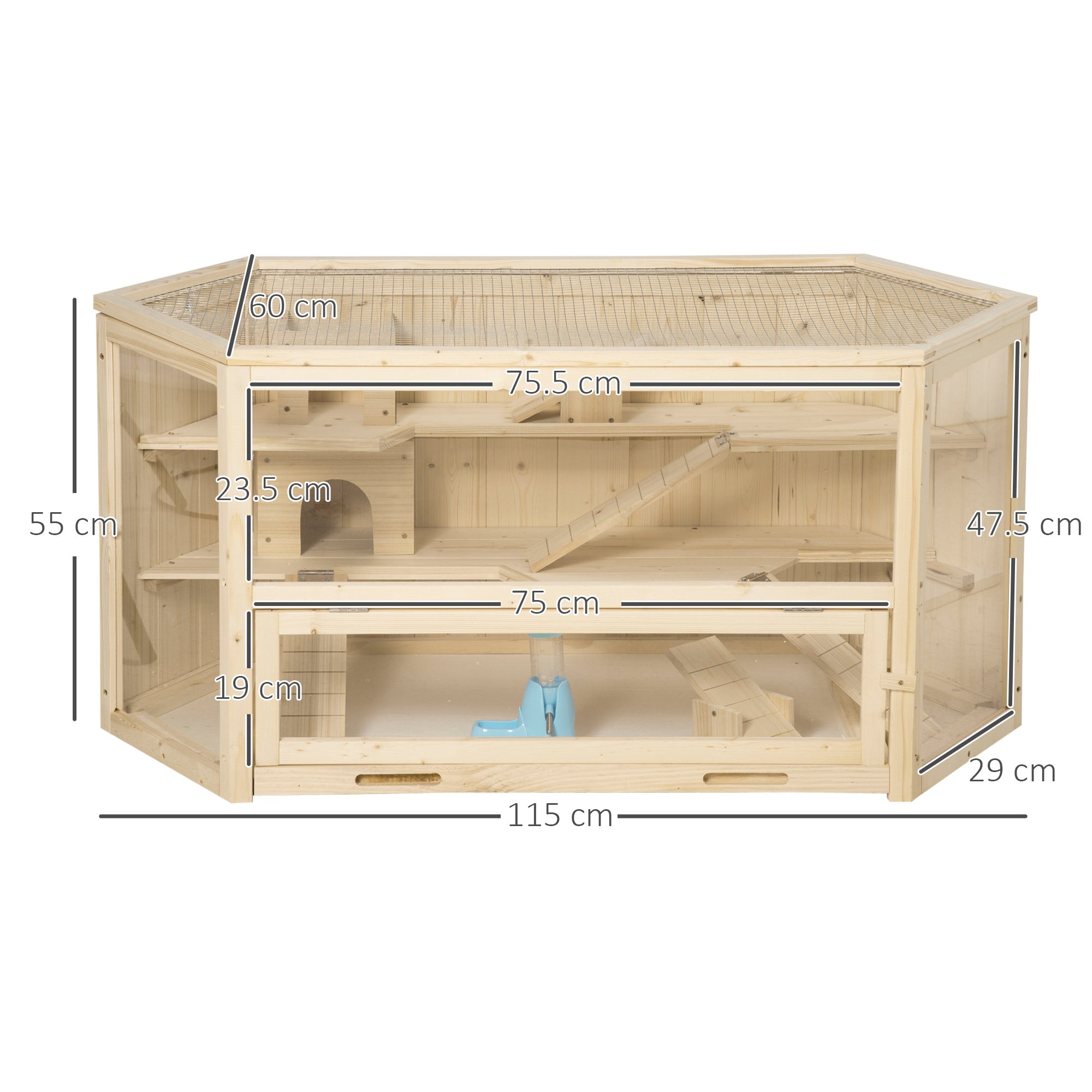 PawHut Wooden Large Hamster Cage Small Animal Exercise Play House 3 Tier with Sliding Tray, Seesaws, Water Bottle, Natural - North Peak Garden Furniture