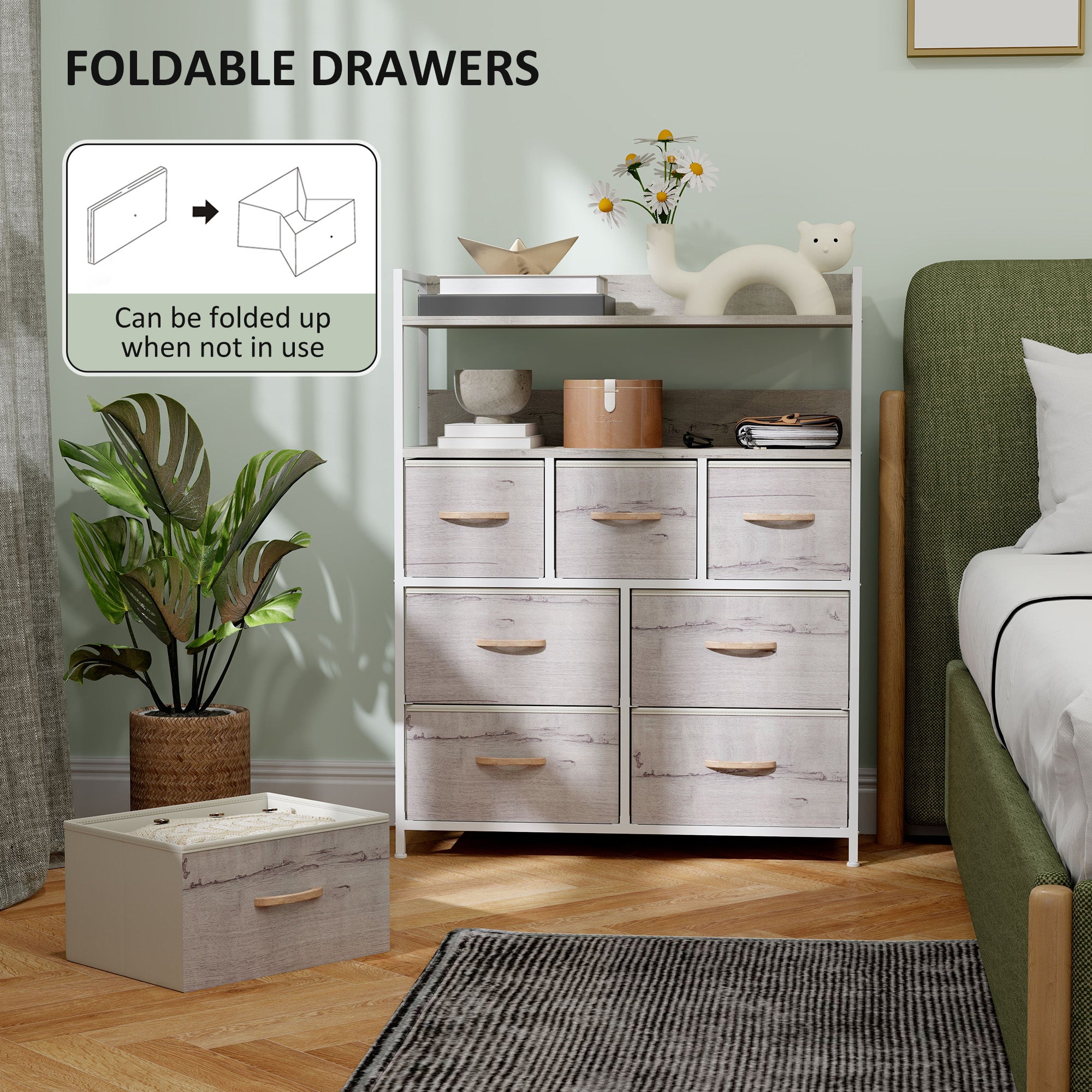 HOMCOM Rustic Chest of Seven Fabric Drawers - Natural Wood Finish - North Peak Garden Furniture