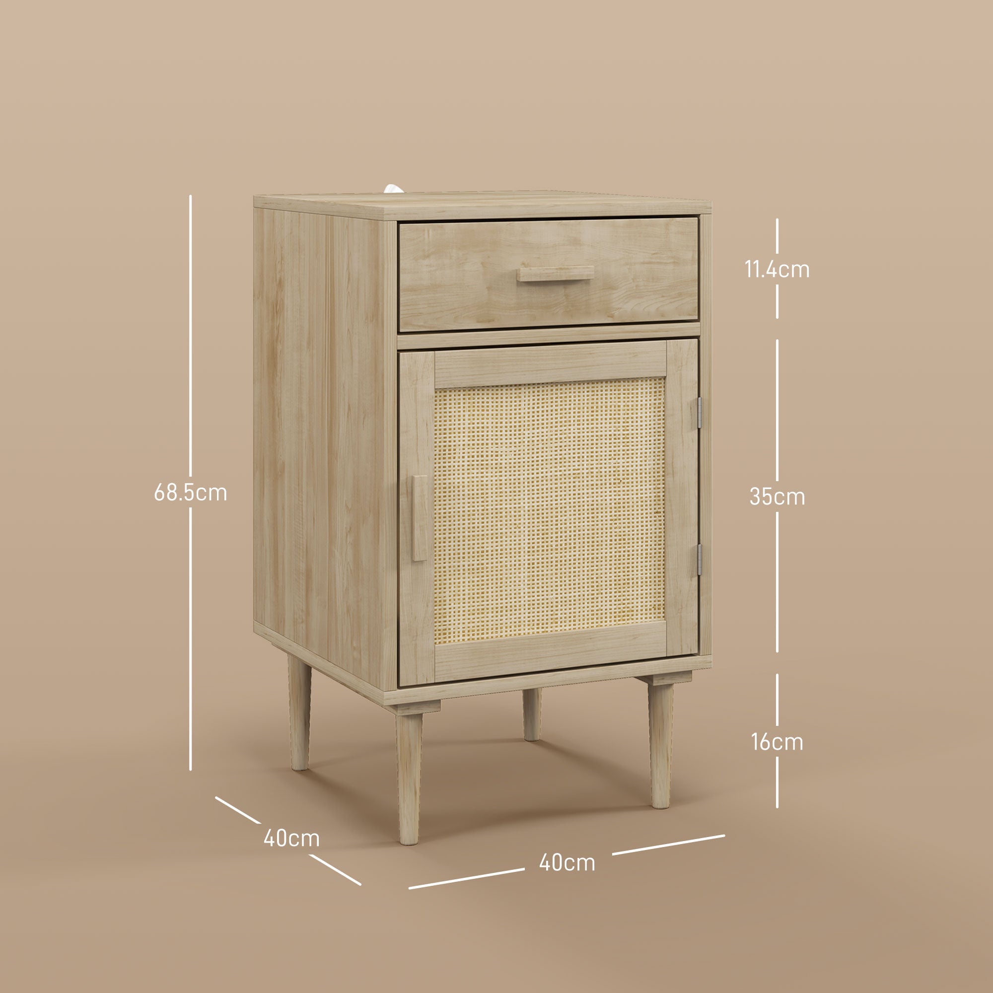 HOMCOM Bedside Tables Set of 2, Rattan Side Tables with Drawer, Cabinet and Adjustable Shelf, Boho Bedside Cabinets with Storage for Bedroom, Living Room, Natural Wood Finish