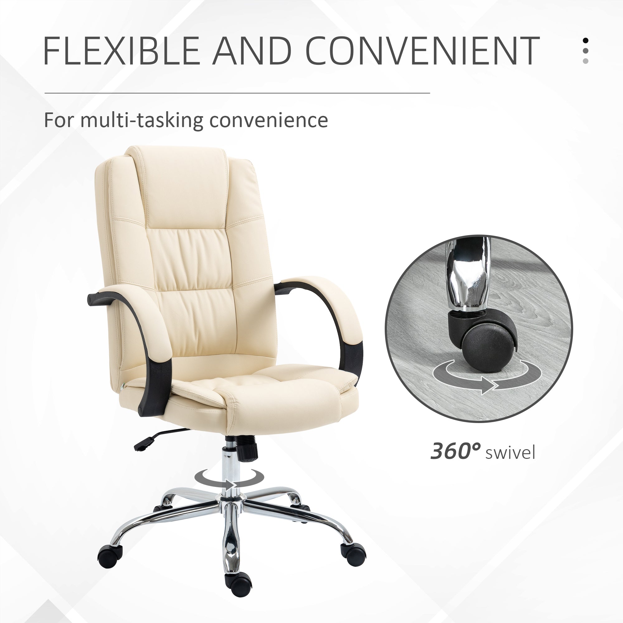 Vinsetto Office Chair, PU Leather Desk Chair with 13cm Soft Padded Seat and Backrest, Swivel Chair with Adjustable Height and Rolling Wheels, Beige - North Peak Garden Furniture