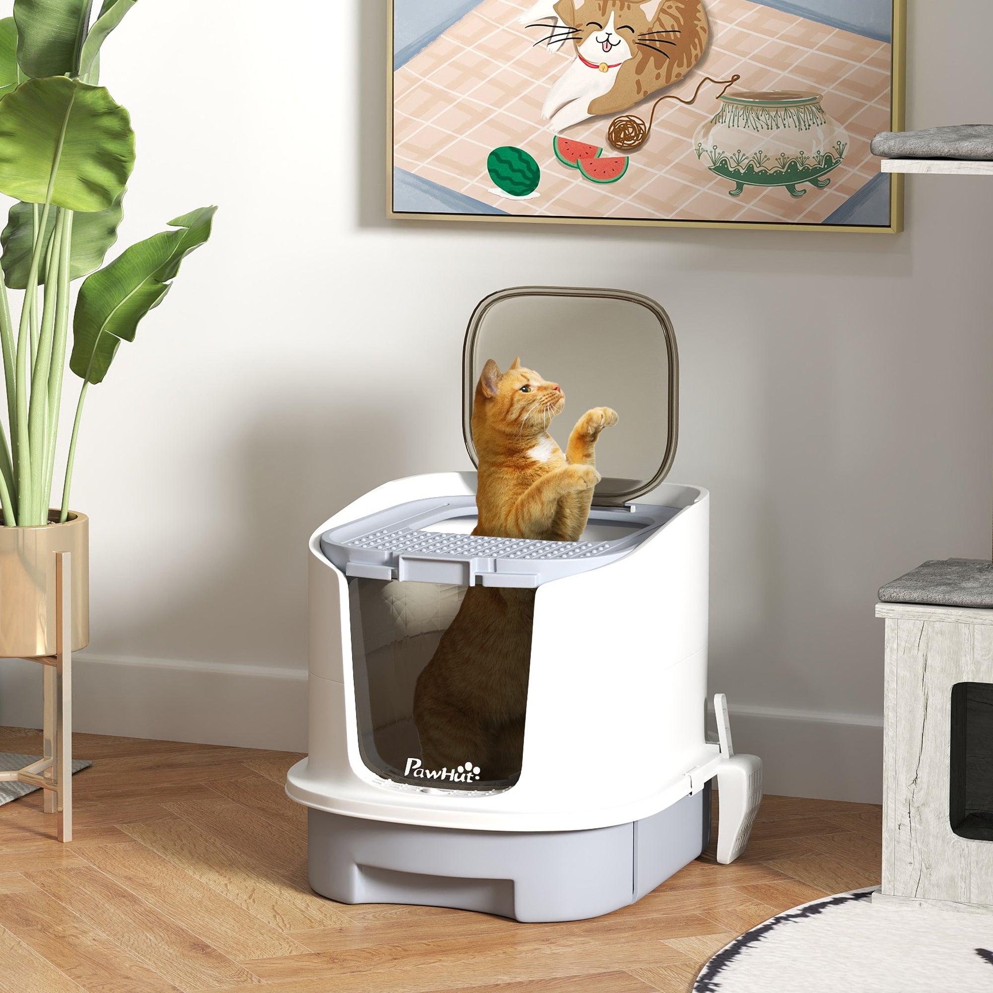 PawHut Cat Litter Box with Lid, Scoop, Deodorization Bags, Top Entry, Cat Toilet Easy Clean with Drawer Pan, Grey - North Peak Garden Furniture