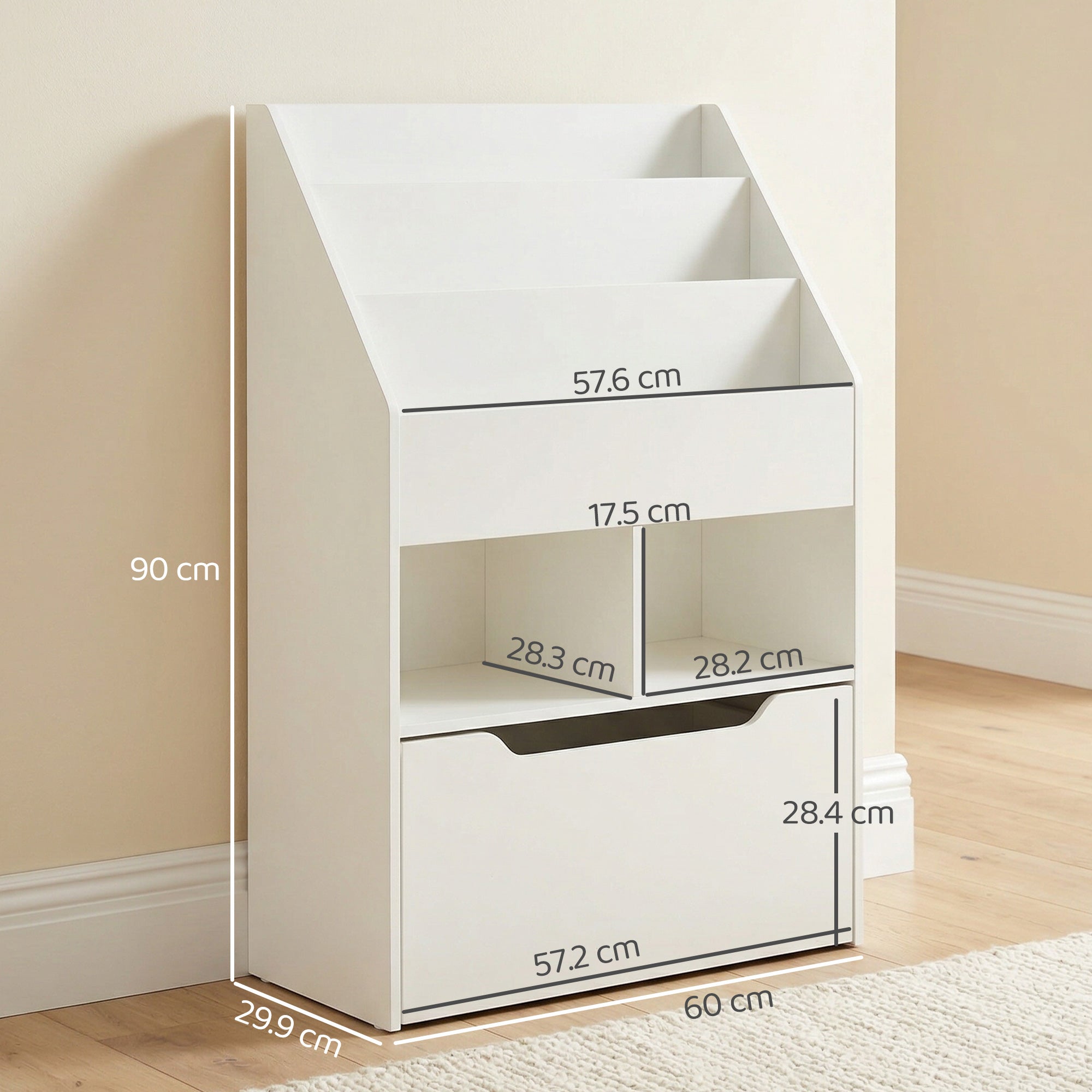 HOMCOM Kids Bookshelf, Toy Organiser, with Storage Drawer, Wheels - White