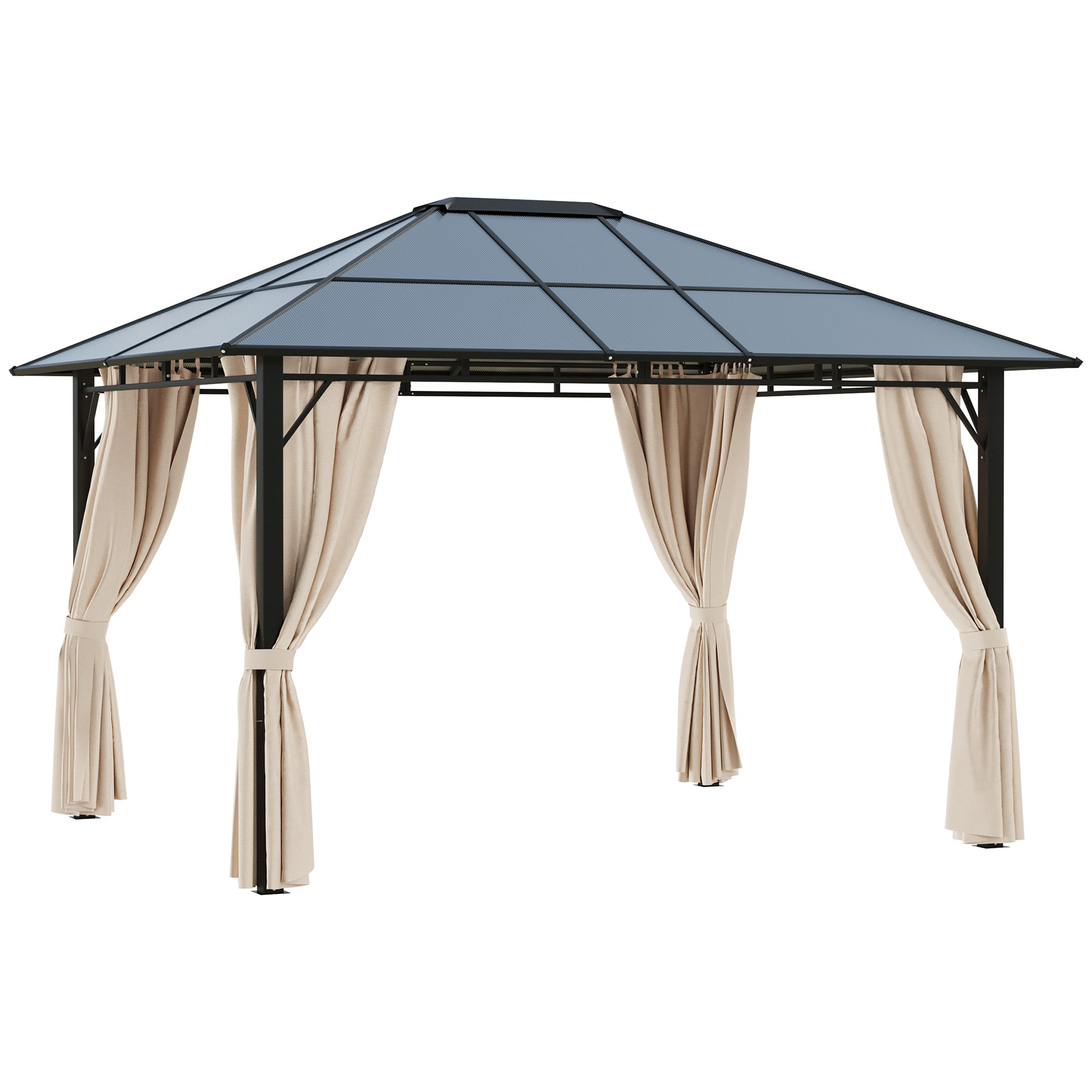 Outsunny 3 x 3.6m Hardtop Gazebo Canopy with Polycarbonate Roof Garden Pavilion with Removable Curtains and Steel Frame, Brown - North Peak Garden Furniture