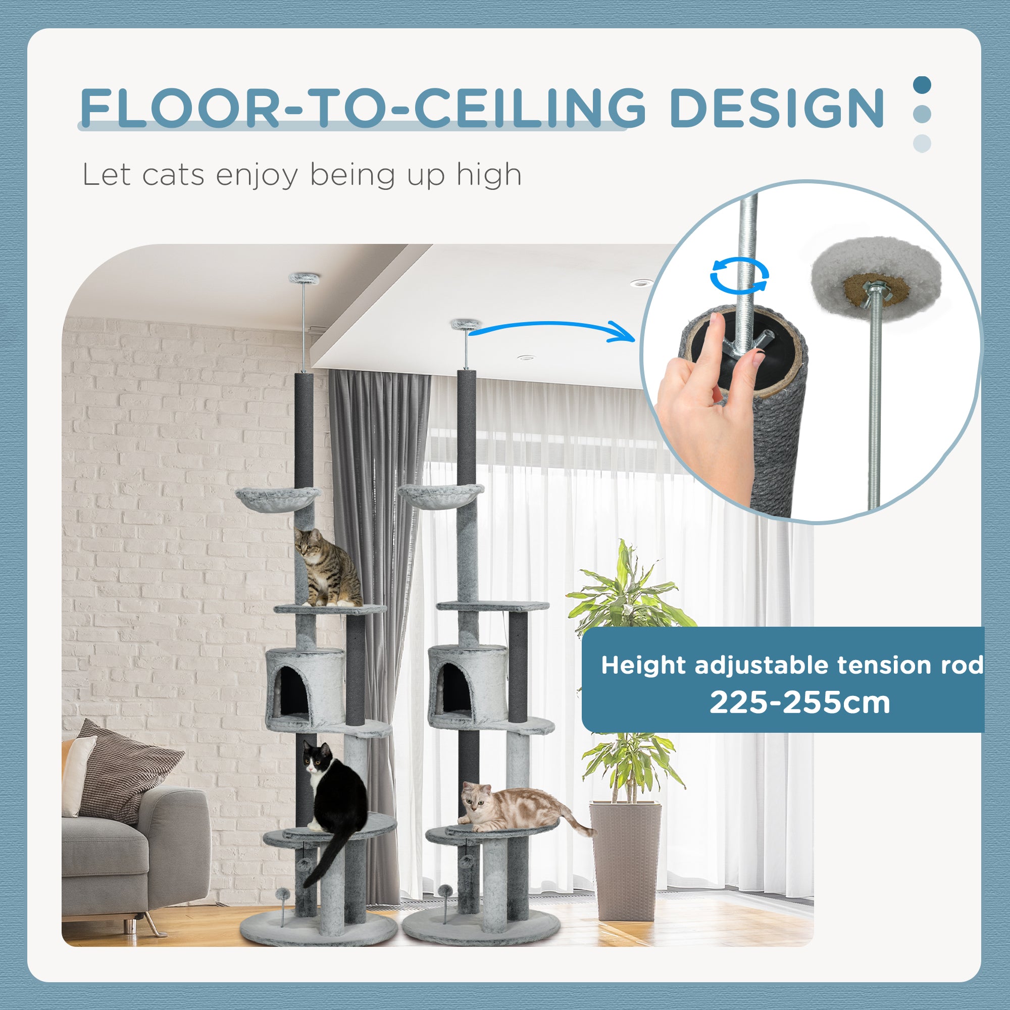 PawHut 255cm Floor to Ceiling Cat Tree with Scratching Posts, Height Adjustable Cat Tower with Hammock, House, Anti-tipping Kit, Perches, Toys, Grey - North Peak Garden Furniture