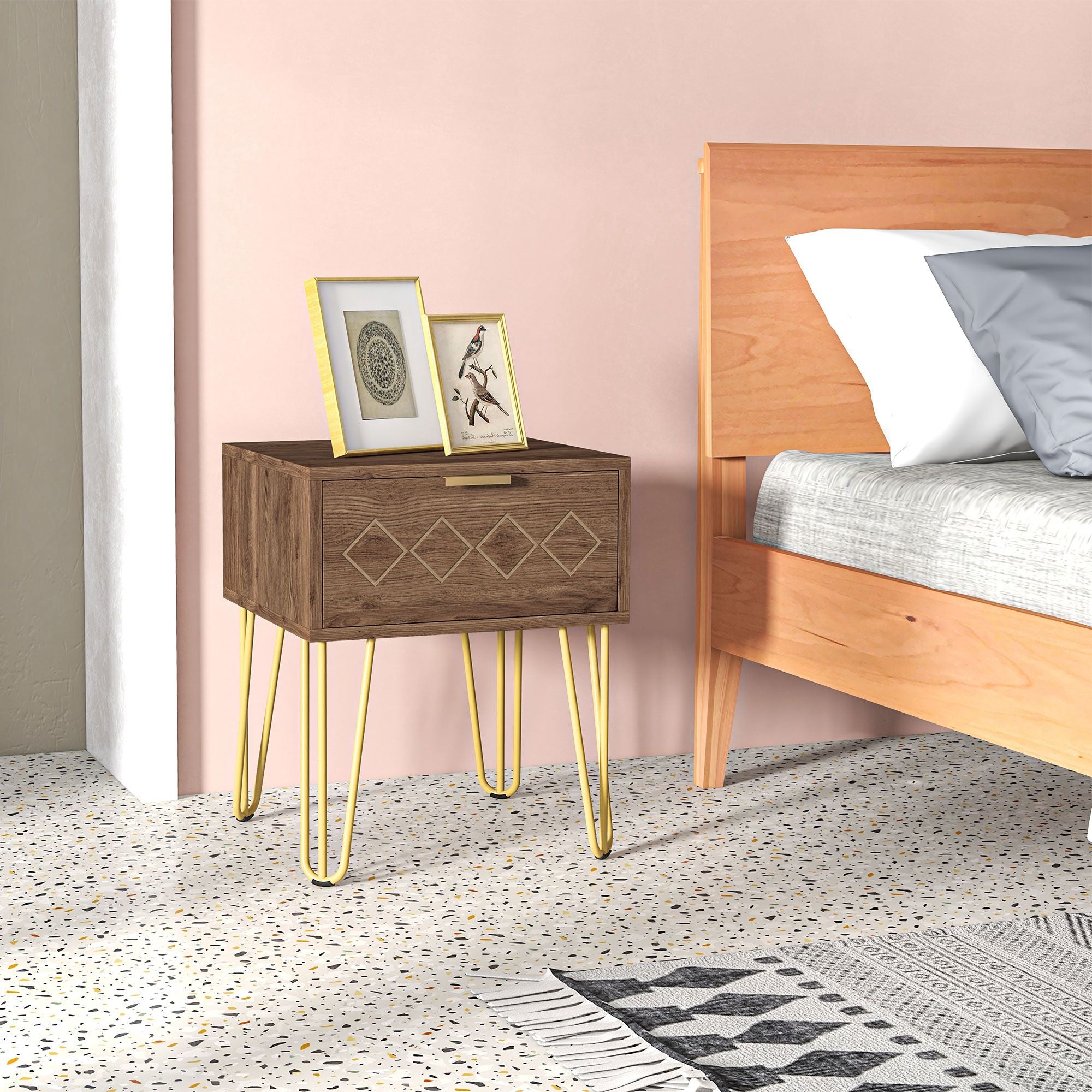 HOMCOM Bedside Table with Drawer, Wooden Nightstand, Modern Sofa Side Table with Gold Tone Metal Legs for Bedroom - North Peak Garden Furniture