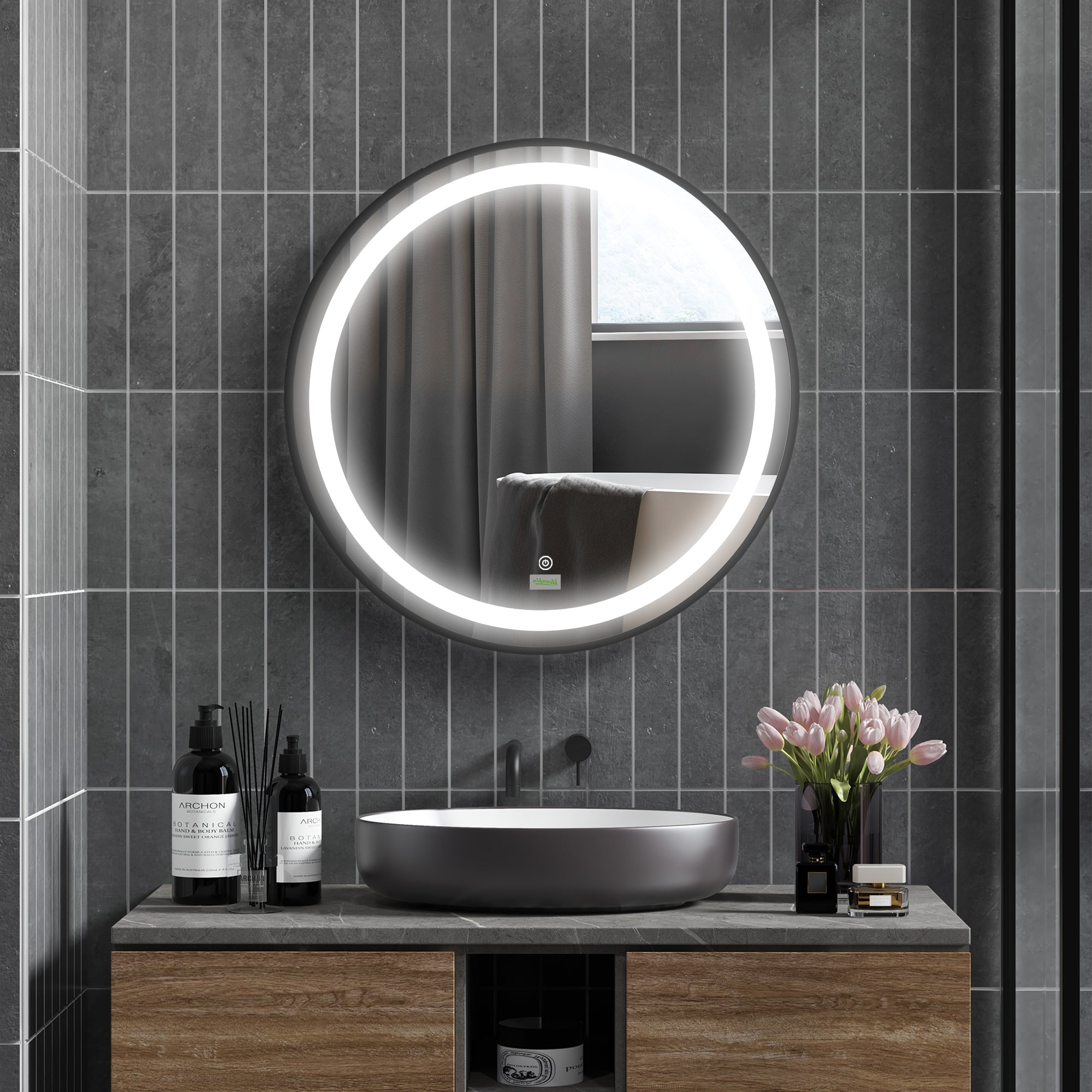 kleankin Round LED Bathroom Mirror, Dimmable Lighted Wall-Mounted Mirror with 3 Temperature Colours, Memory Function, Hardwired - North Peak Garden Furniture