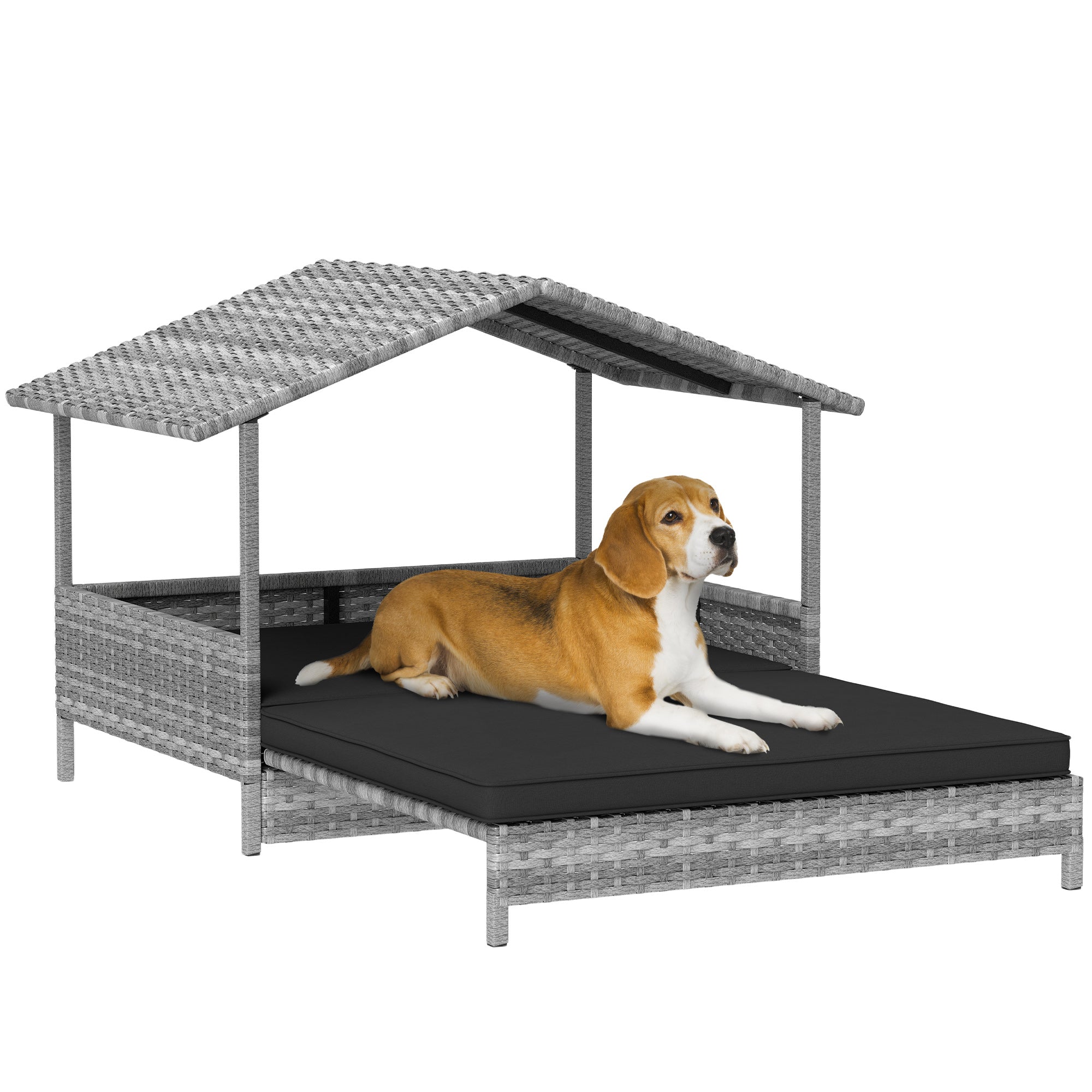 PawHut Extendable Elevated Dog Bed, Rattan Dog House, with Water-Resistant Roof, Removable Cushion, Charcoal Grey - North Peak Garden Furniture