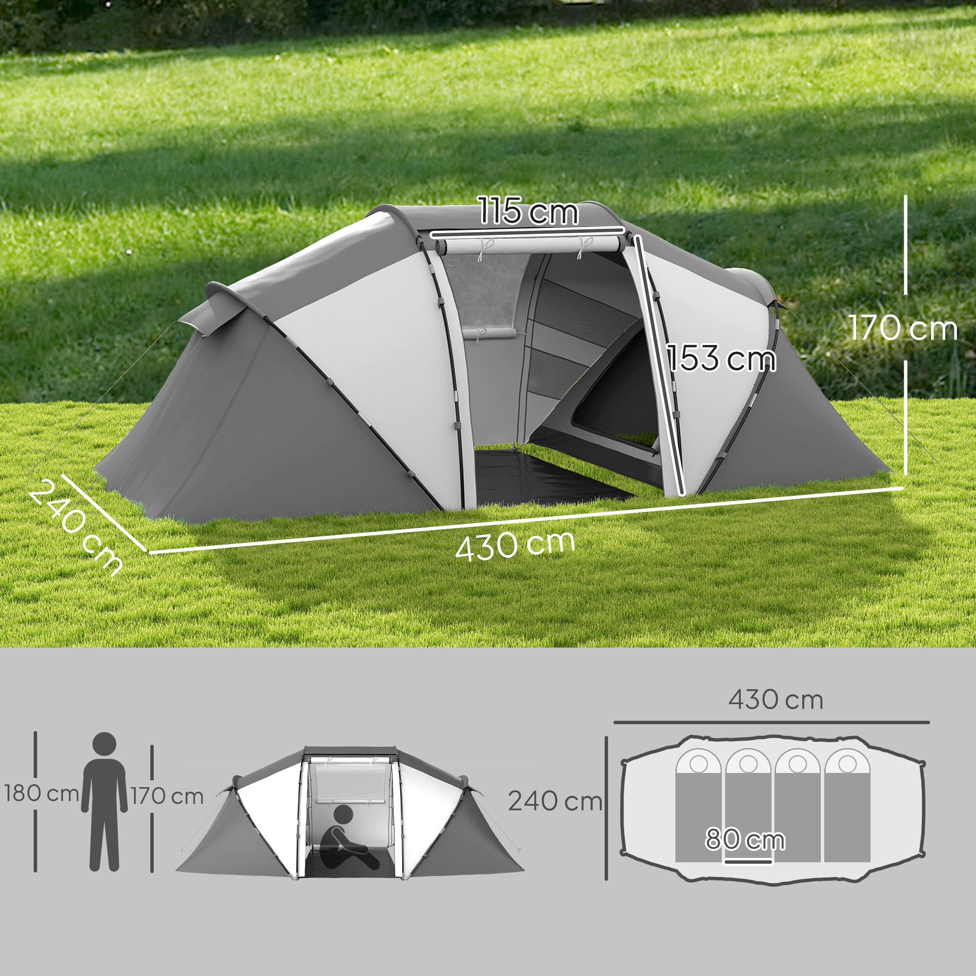 Outsunny 4-6 Man UV Protection Camping Tent - Charcoal Grey and White - North Peak Garden Furniture