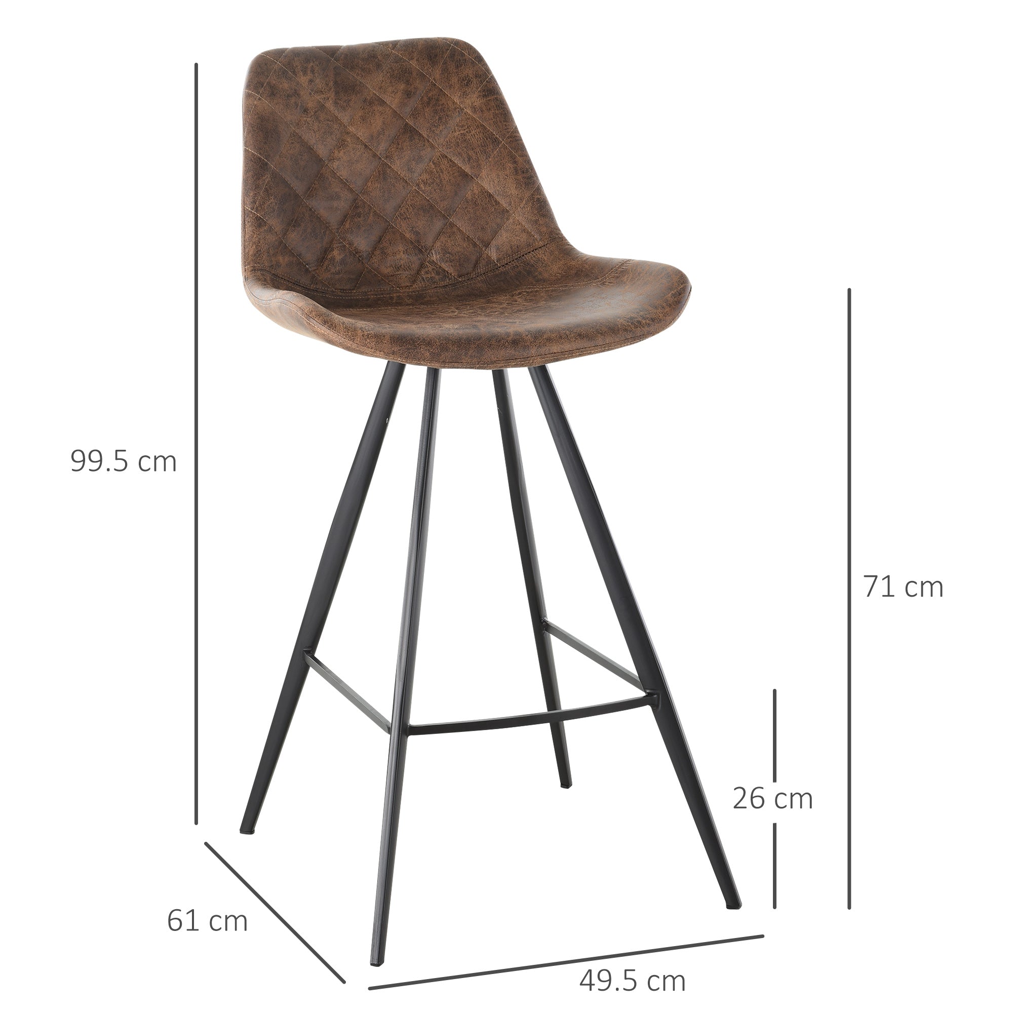 HOMCOM Set Of 2 Bar Stools Vintage Microfiber Cloth Tub Seats Padded Comfortable Steel Frame Footrest Quilted Home Bar Cafe Kitchen Chair Stylish Brown