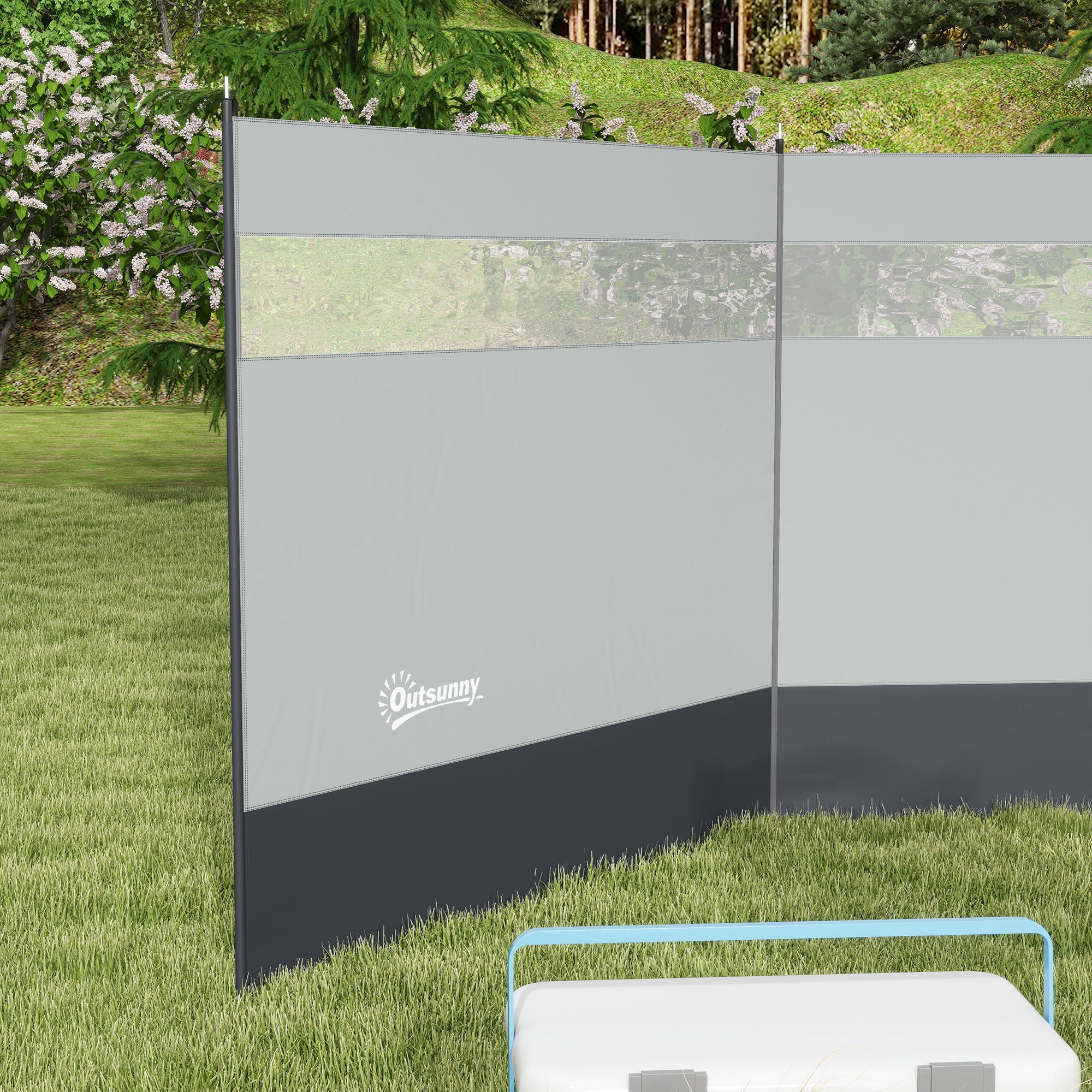 Outsunny Camping Windbreaker with Clear Windows, Carry Bag and Steel Poles, for Beach Caravan Campervan, 440 x 140cm, Grey - North Peak Garden Furniture