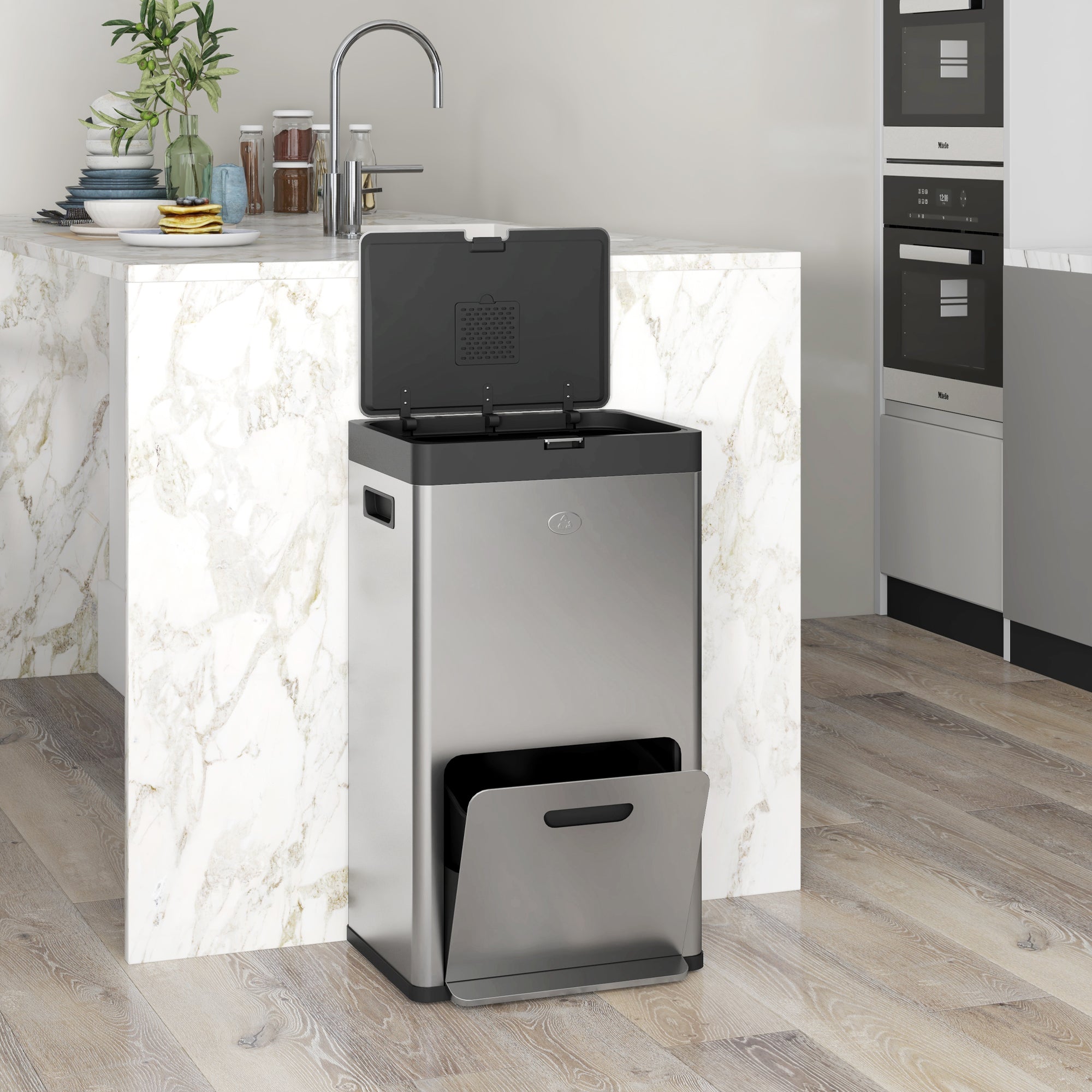 HOMCOM 56L Triple Compartment Stainless Steel Kitchen Bin, with Deodoriser Holders and Wheels - Silver Tone - North Peak Garden Furniture