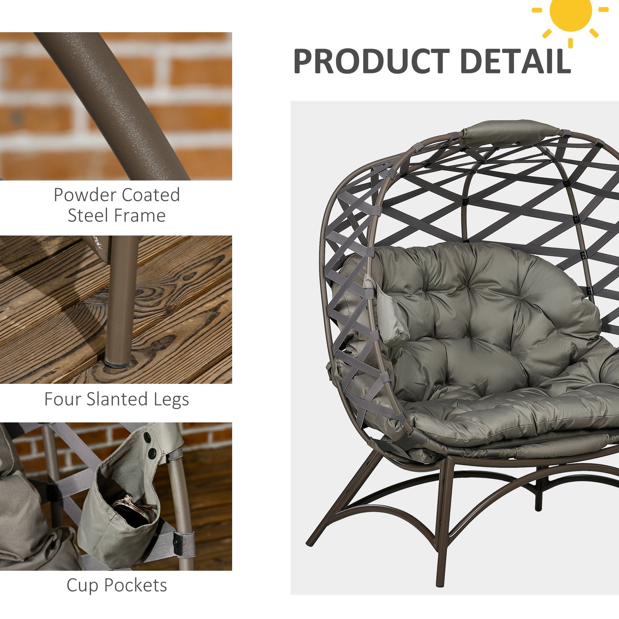 Outsunny 2 Seater Egg Chair Outdoor, Folding Weave Garden Furniture Chair with Cushion, Cup Pockets - Sand Brown - North Peak Garden Furniture