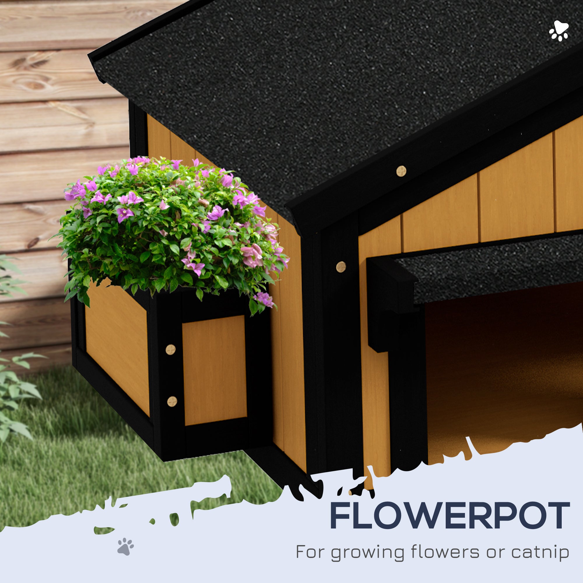 PawHut Wooden Cat House with Flower Pot, Windows, Multiple Entrances, Water-Resistant Roof for Outdoor - Yellow - North Peak Garden Furniture