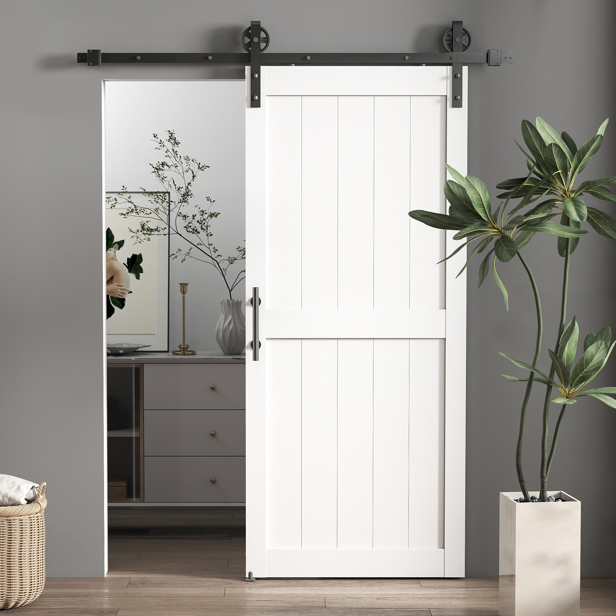 HOMCOM 183cm Sliding Barn Door Kit, Sliding Door with Track, Hardware, Upgraded Rollers and Floor Guide, Handle, White