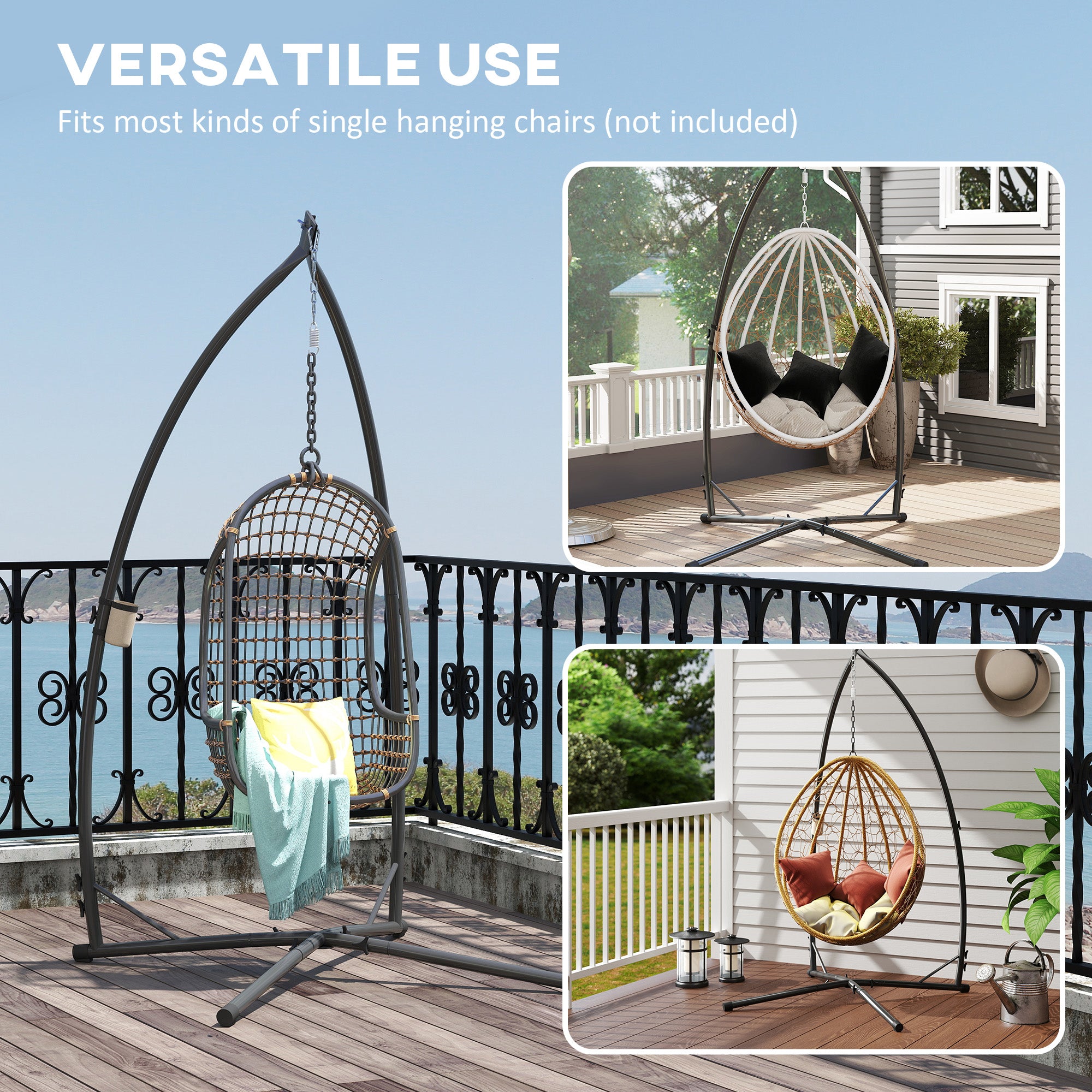 Outsunny Hammock Chair Stand Only, Hanging Chair Stand with X-Shape Base, Heavy Duty Steel Single Hammock Egg Swing Frame for Indoor Outdoor, 150 KG Load Capacity Black - North Peak Garden Furniture