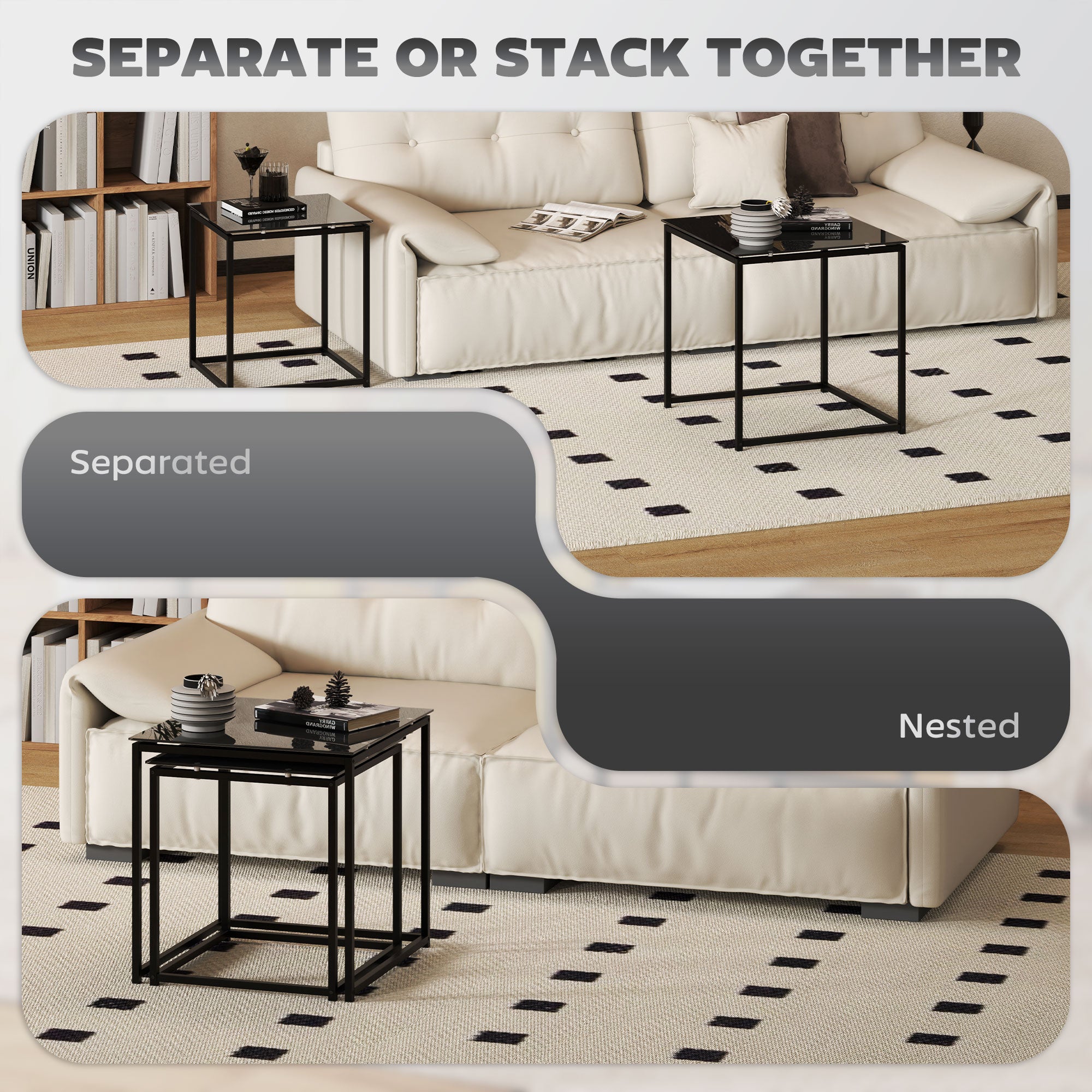 HOMCOM Nest of Tables, Set of 2 Coffee Table, Side Tables with Tempered Glass Desktop and Metal Frame for Living Room, Bedroom, Office, Black - North Peak Garden Furniture