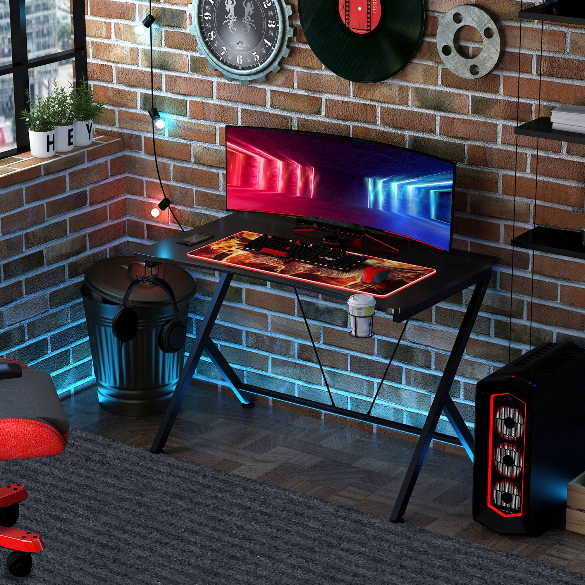 HOMCOM Gaming Desk, 108 x 66cm Computer Table Metal Frame with Cup Holder, Headphone Hook, Cable Hole, for Small Spaces, Black - North Peak Garden Furniture