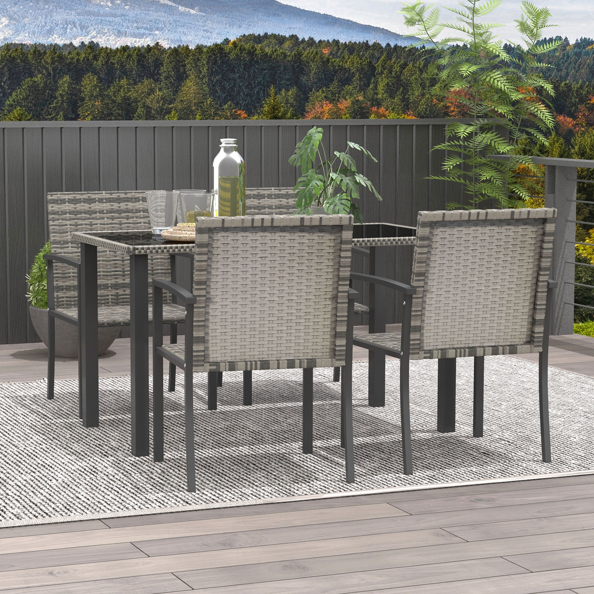 Outsunny 6 Pieces Garden Dining Set, 4 Seater Rattan Dining Set Outdoor with Umbrella, Cushions, Tempered Glass Top Table | Aosom UK