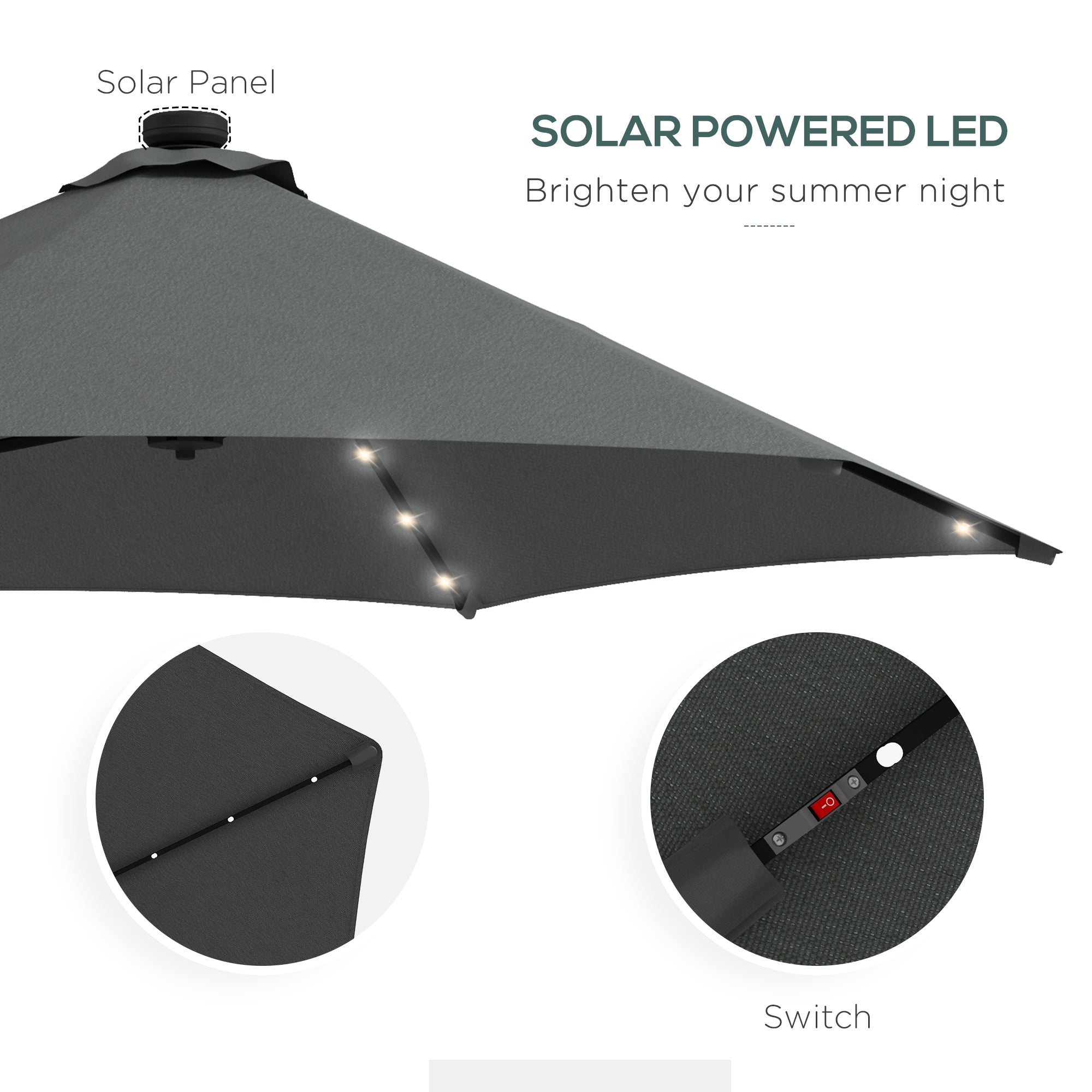 Outsunny 3m LED Parasol Umbrella, with Base and Cover - Grey - North Peak Garden Furniture