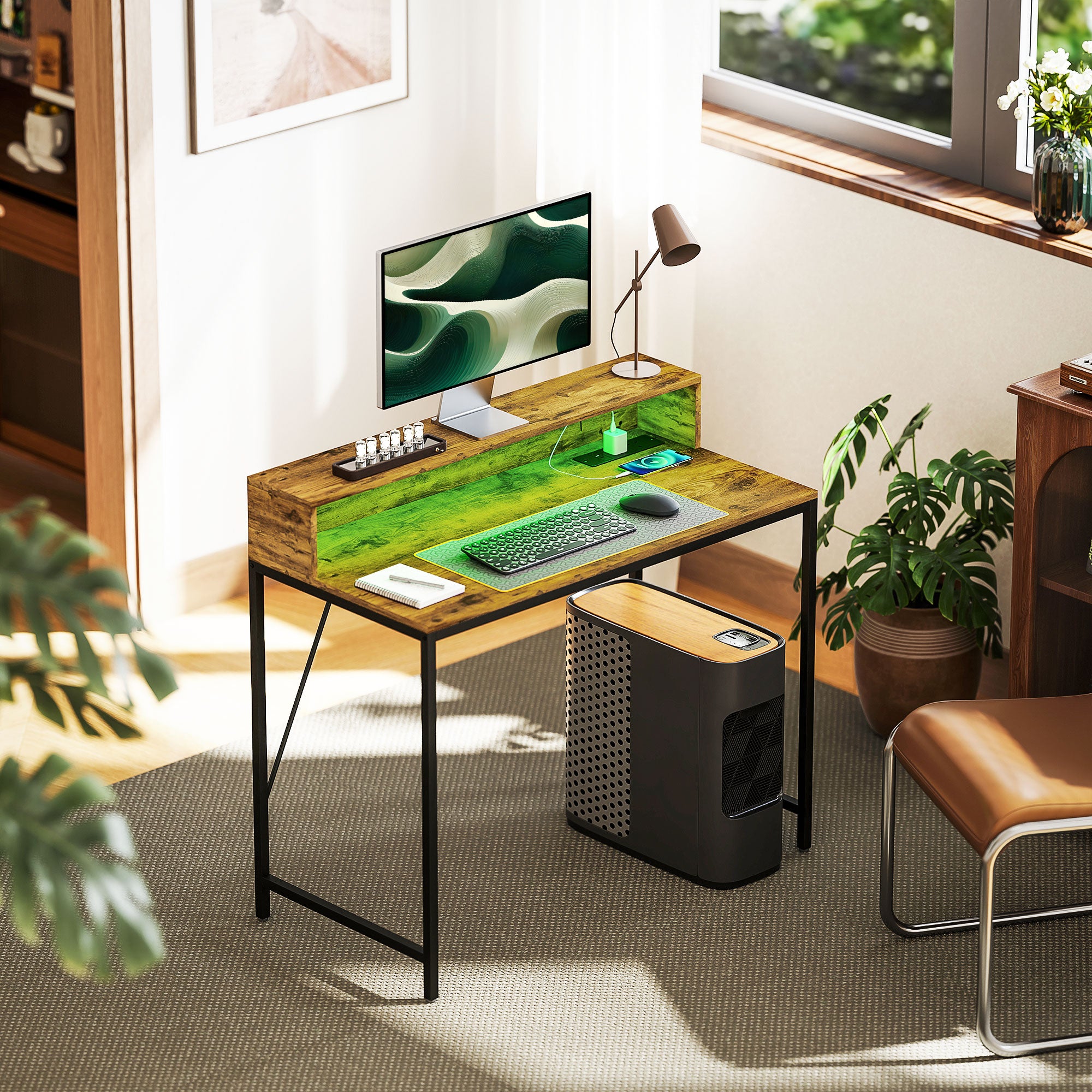 HOMCOM Computer Desk with LED Lights and Power Outlets, Gaming Desk with Monitor Stand, Computer Table with Remote for Home Office Study, Rustic Brown - North Peak Garden Furniture