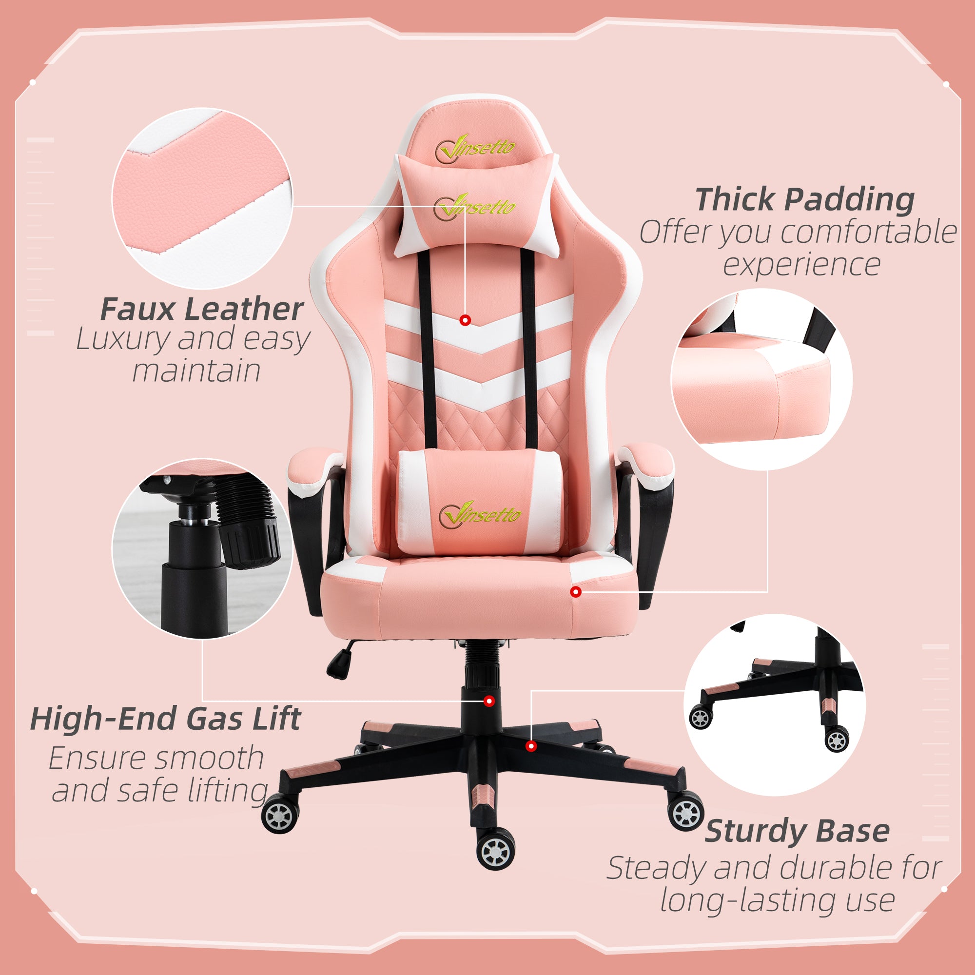 Vinsetto Gaming Chair, Computer Desk Chair with Lumbar Support, Faux Leather Racing Chair with Headrest and Swivel Wheels for Home Office, Pink - North Peak Garden Furniture