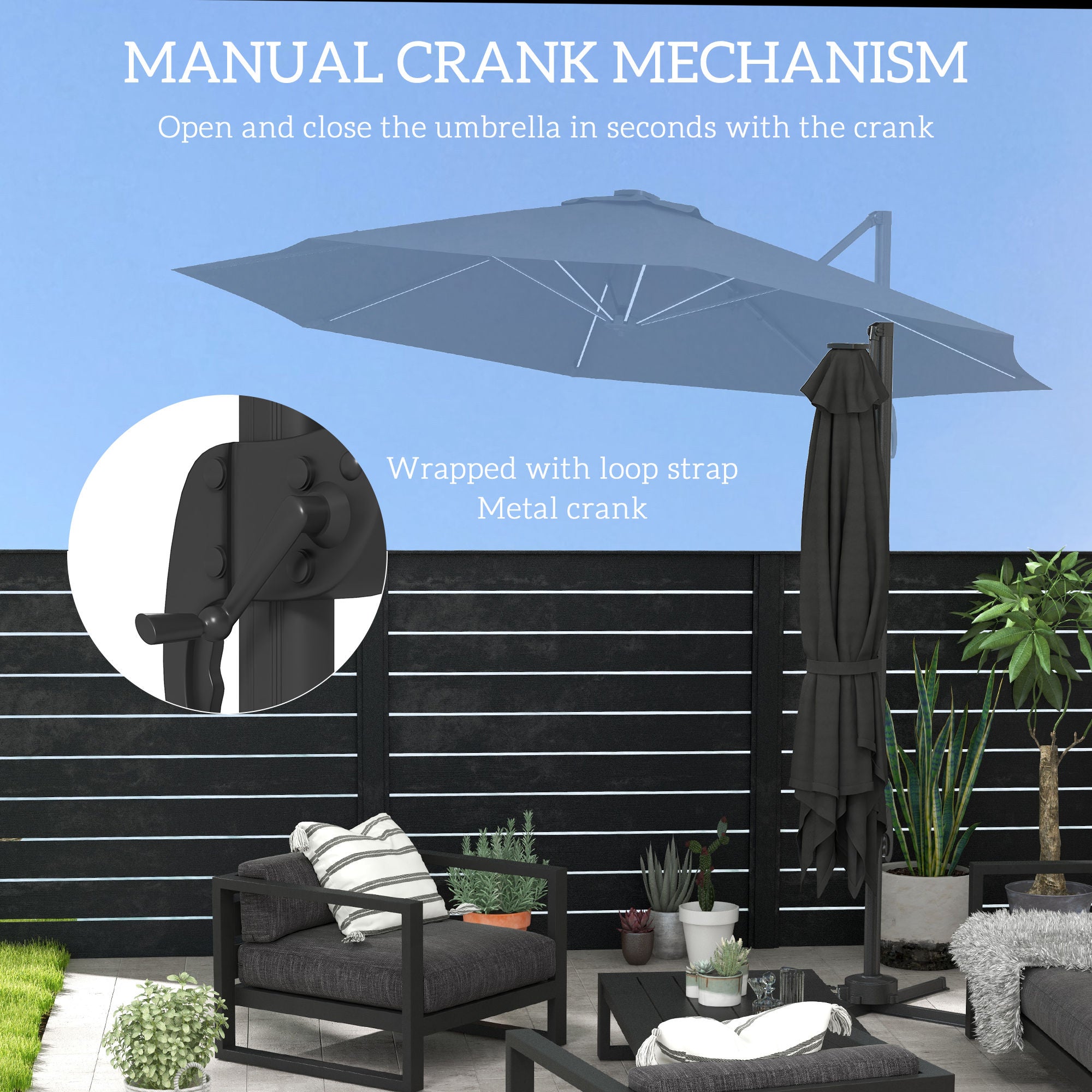 Outsunny 3(m) Adjustable Cantilever Parasol with Base, Solar LED Lights, Dark Grey - North Peak Garden Furniture