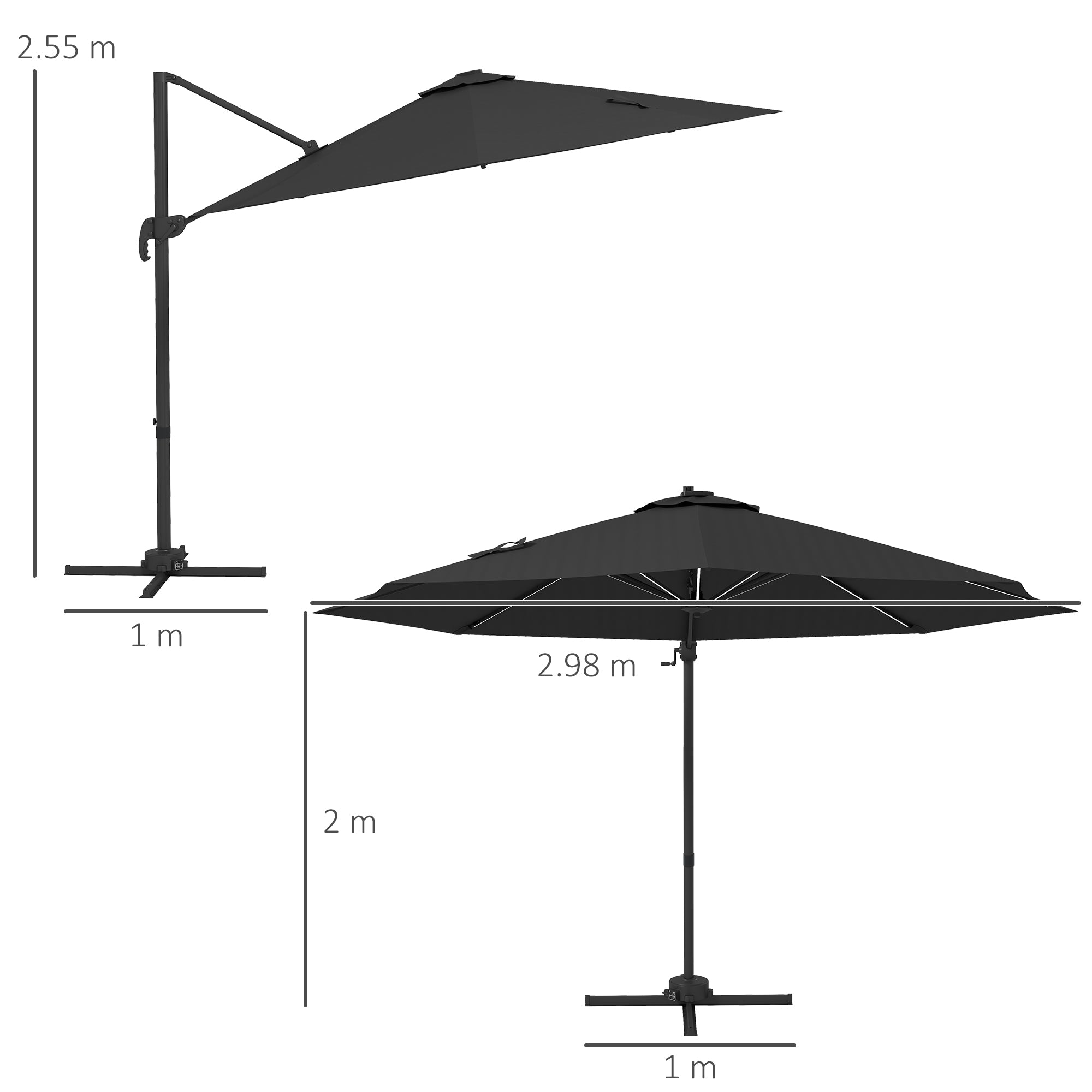 Outsunny 3(m) Adjustable Cantilever Parasol with Base, Solar LED Lights, Dark Grey - North Peak Garden Furniture