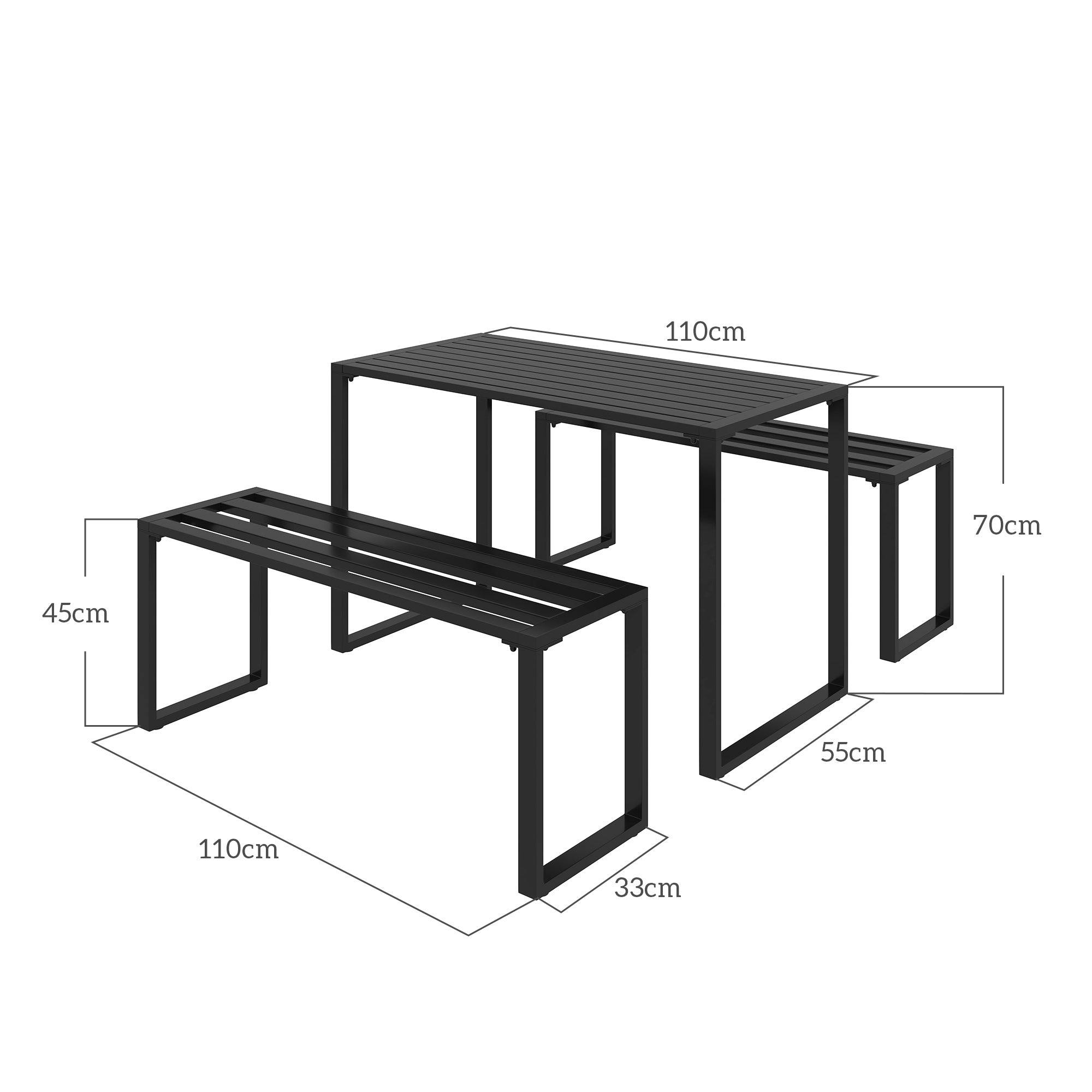 Outsunny 3 Pieces Picnic Bench Set with Table and 2 Benches, Slated Design Dining Trestle Beer Table and Seat, Black - North Peak Garden Furniture