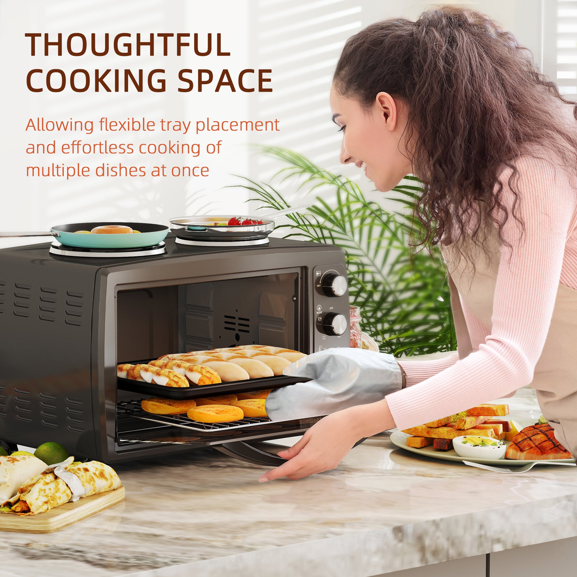 HOMCOM 36L Small Oven with 2 Hot Plates, Countertop Toaster Oven, Grill, Roast, Bake, Boil, with Timer, Adjustable Temperature, Electric Oven with Baking Tray, Grill Rack, Crumb Tray, 2600W, Black - North Peak Garden Furniture