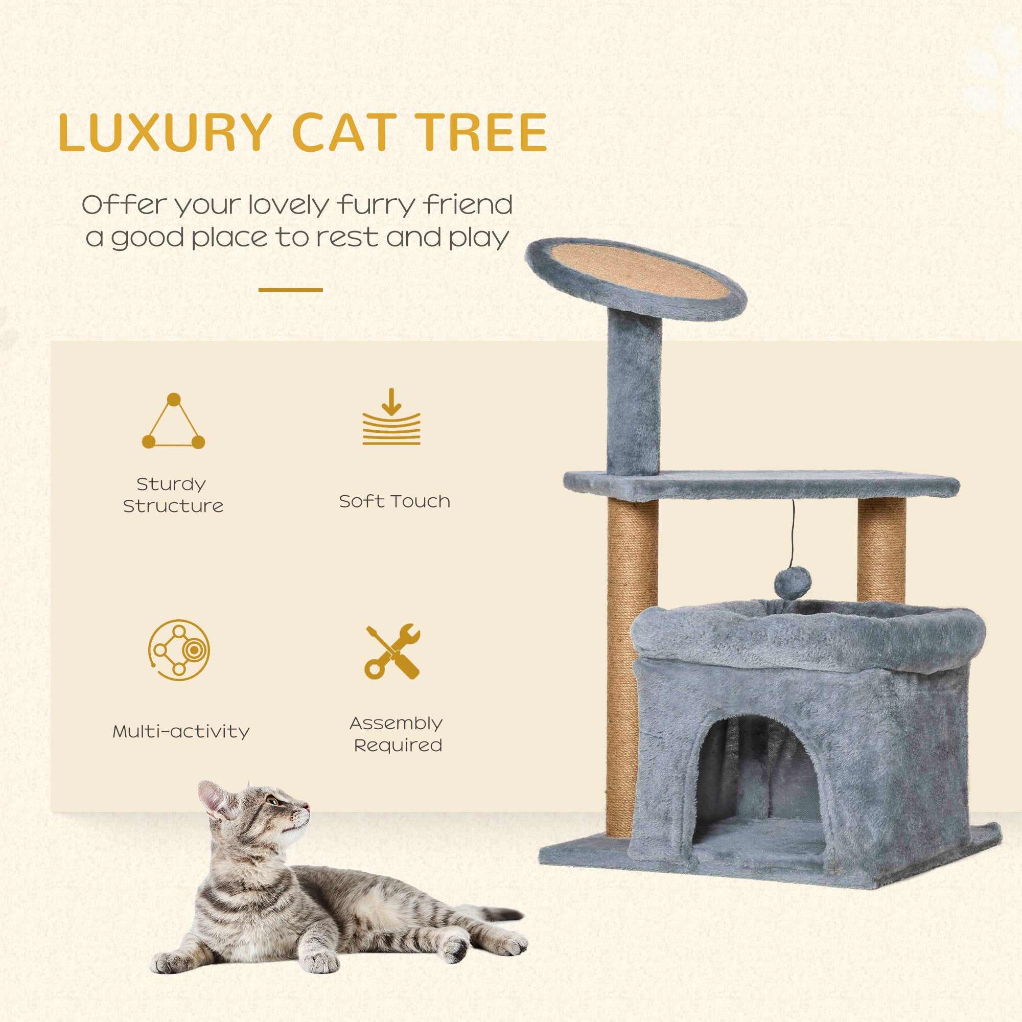 PawHut Cat Tree Tower for Indoor Cats, Cat Scratching Post with Bed, Cat House, Scratching Pad, Perch, Interactive Ball Toy 48 x 48 x 84cm, Grey