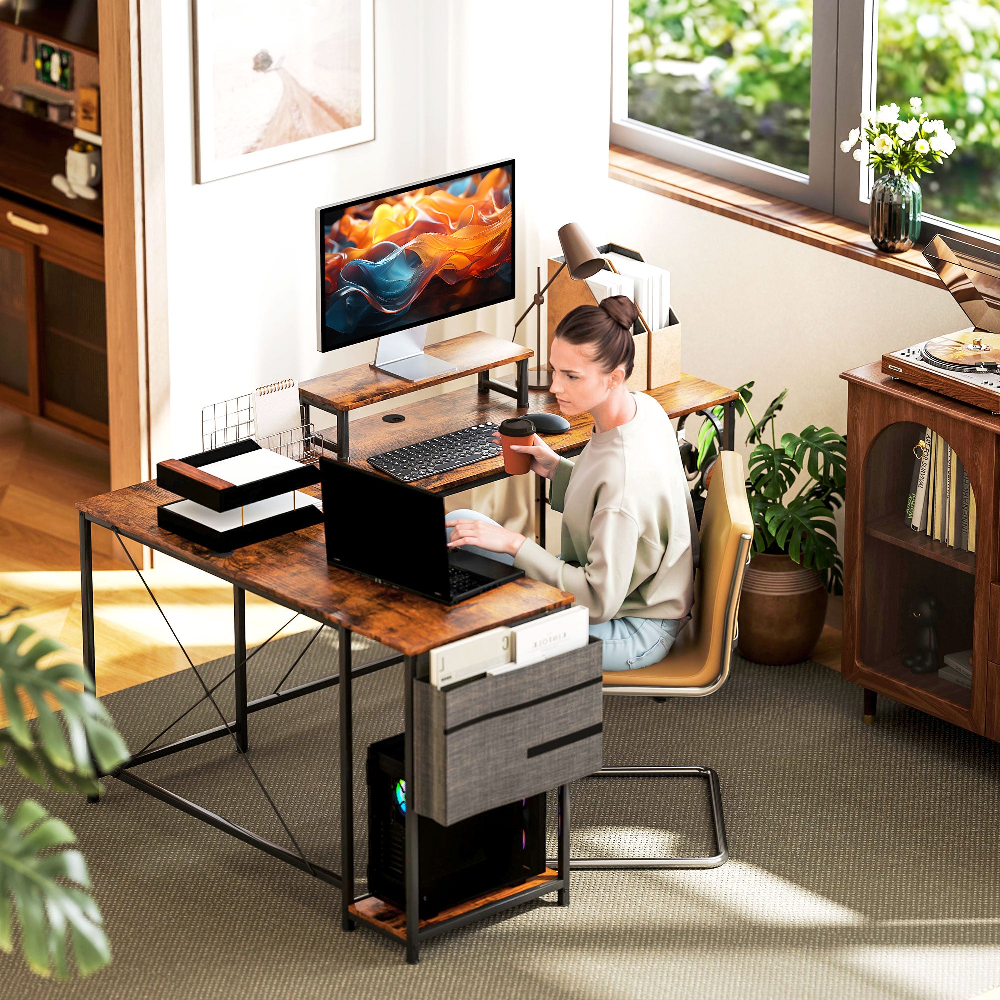 HOMCOM 168cm Reversible L Shaped Desk, Industrial Corner Computer Desk with Adjustable Shelf and Storage Bag, 240cm 2 Person Desk with Monitor Stand, Rustic Brown - North Peak Garden Furniture