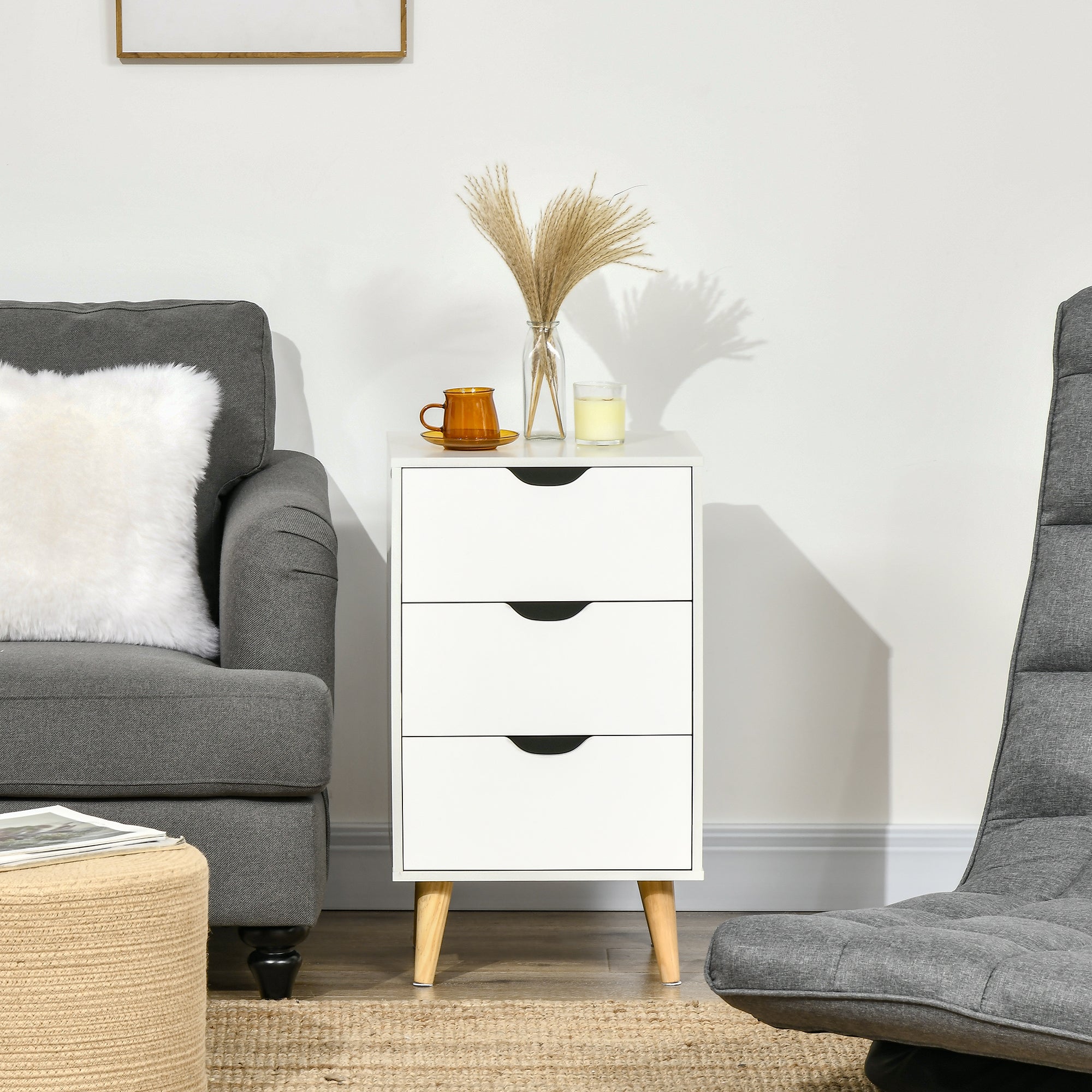 HOMCOM Bedside Table, Bedside Cabinet with 3 Drawers, Small Side Table with Wood Legs and Cut-out Handles for Bedroom, White