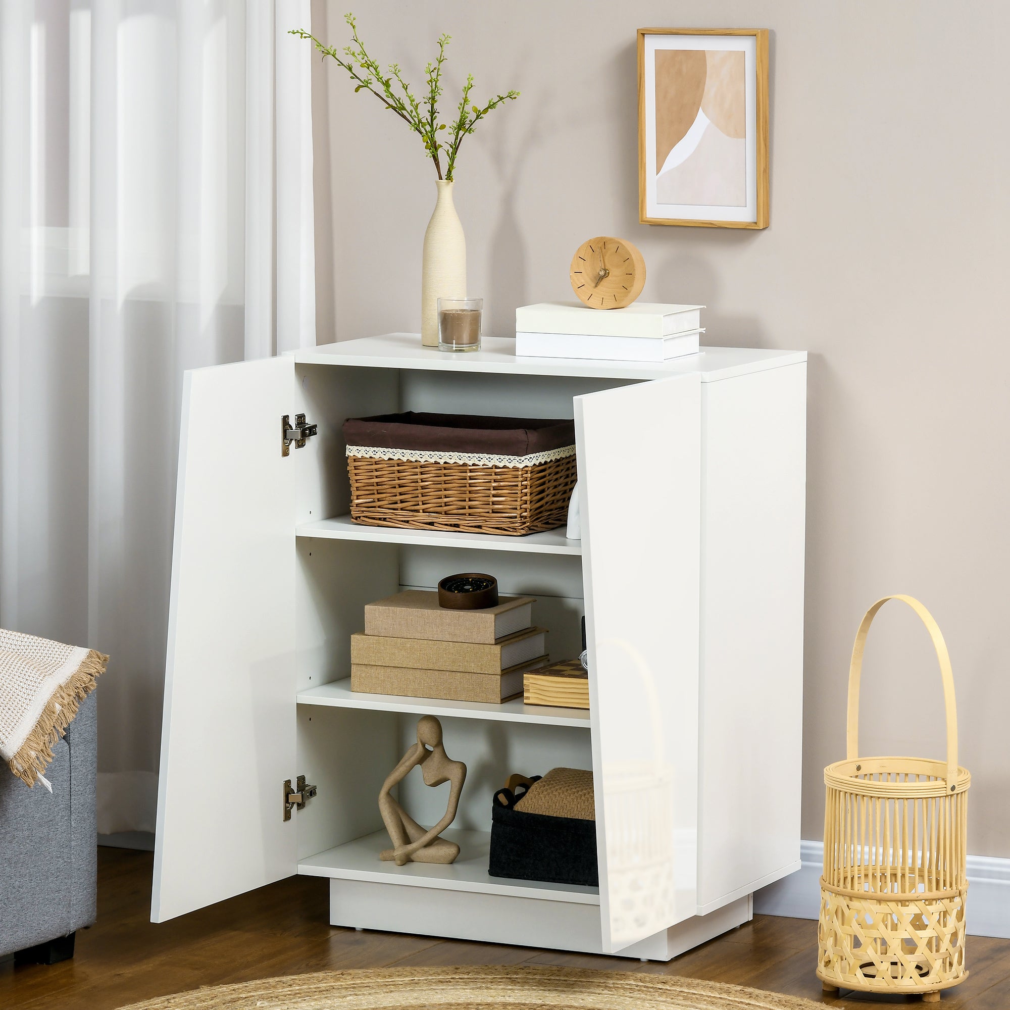 HOMCOM High Gloss Storage Cabinet, Freestanding Storage Cupboard with Adjustable Shelves for Living Room, Bedroom, Hallway, White - North Peak Garden Furniture