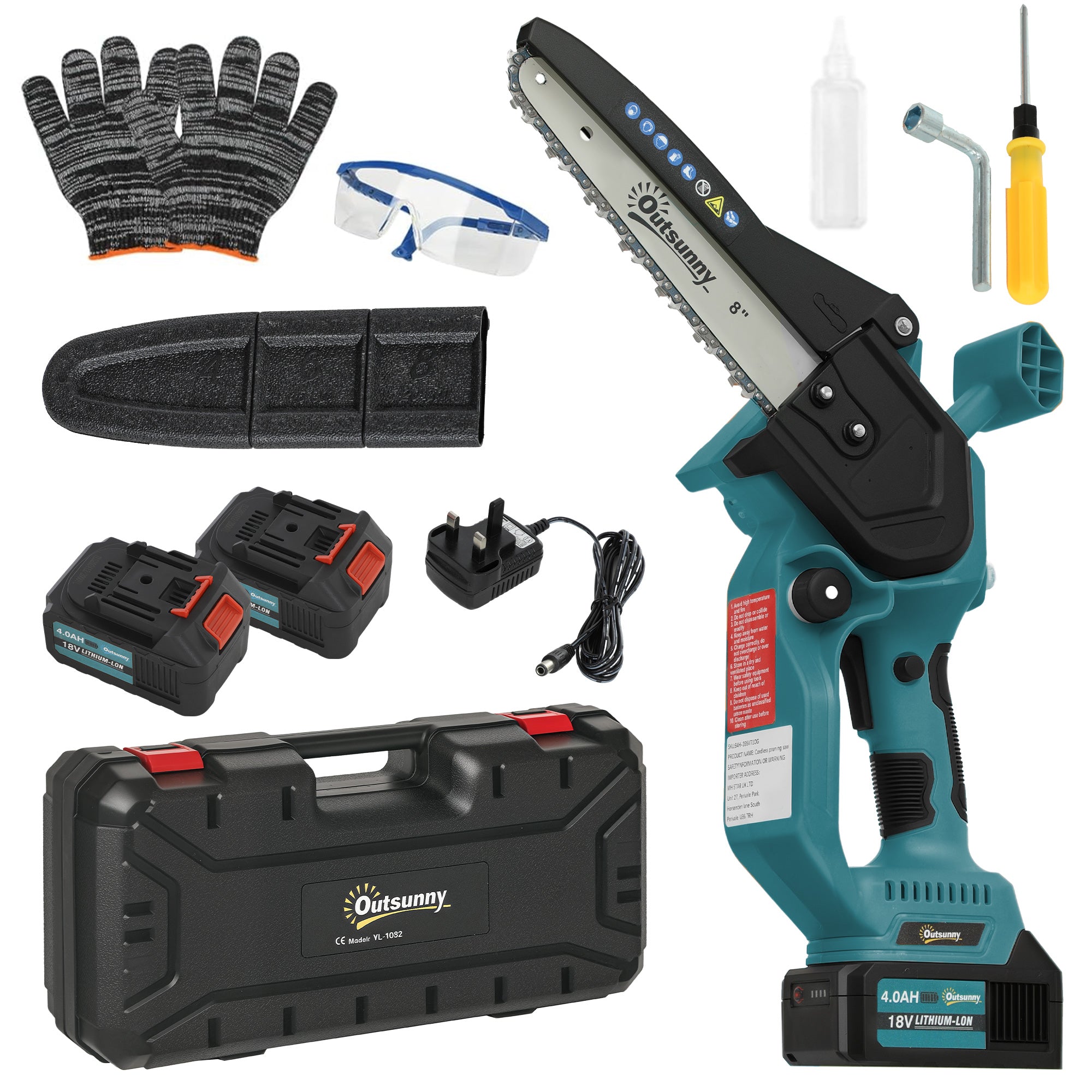 Outsunny 8 Inch Electric Chainsaw, Cordless Chain Saw with Brushless Motor, 2 4.0Ah Batteries and Safety Lock, Handheld Portable Wood Pruning Saw for Trimming Cutting, Blue - North Peak Garden Furniture