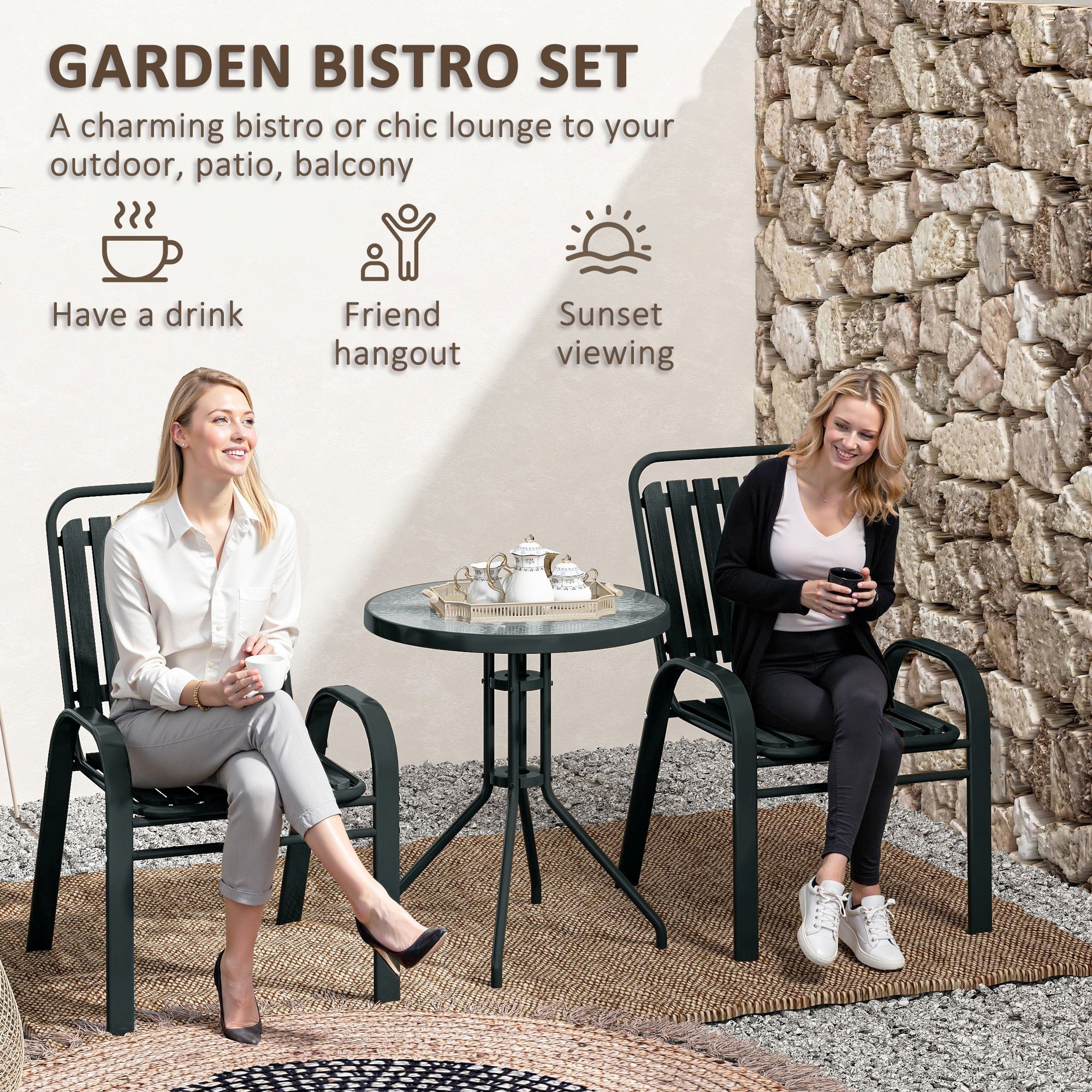 Outsunny 3 Pieces Patio Bistro Set with Stackable Chairs, Tempered Glass Table, for Outdoor, Balcony, Patio, Garden Charcoal Grey - North Peak Garden Furniture